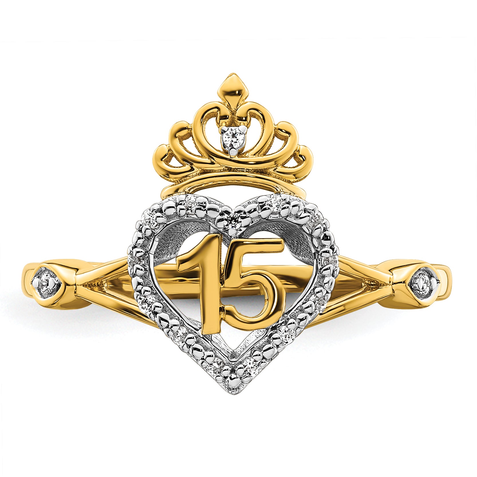 14K Two-tone Polished Diamond Quinceanera Heart/Crown Ring