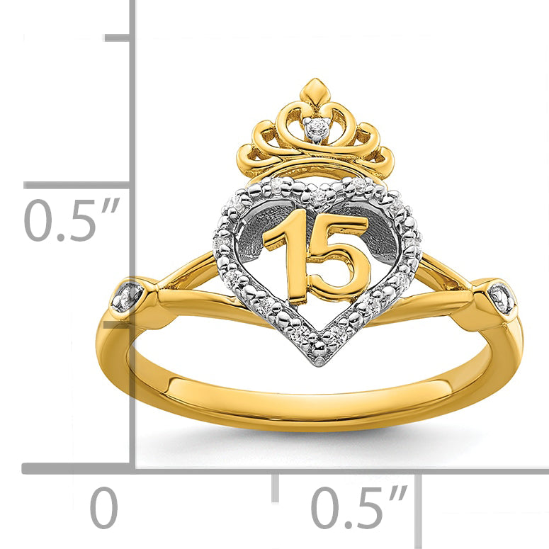 14K Two-tone Polished Diamond Quinceanera Heart/Crown Ring