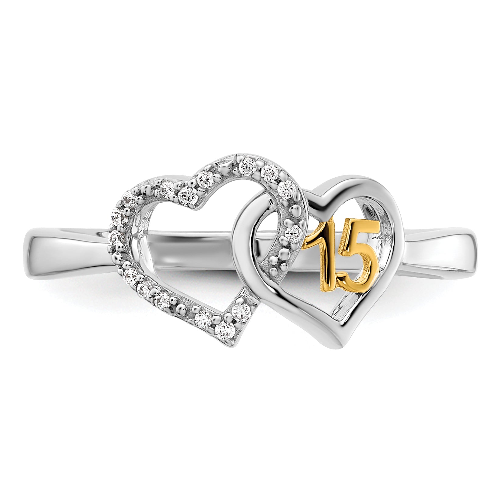 14K Two-tone Polished Diamond Quinceanera Double Heart Ring