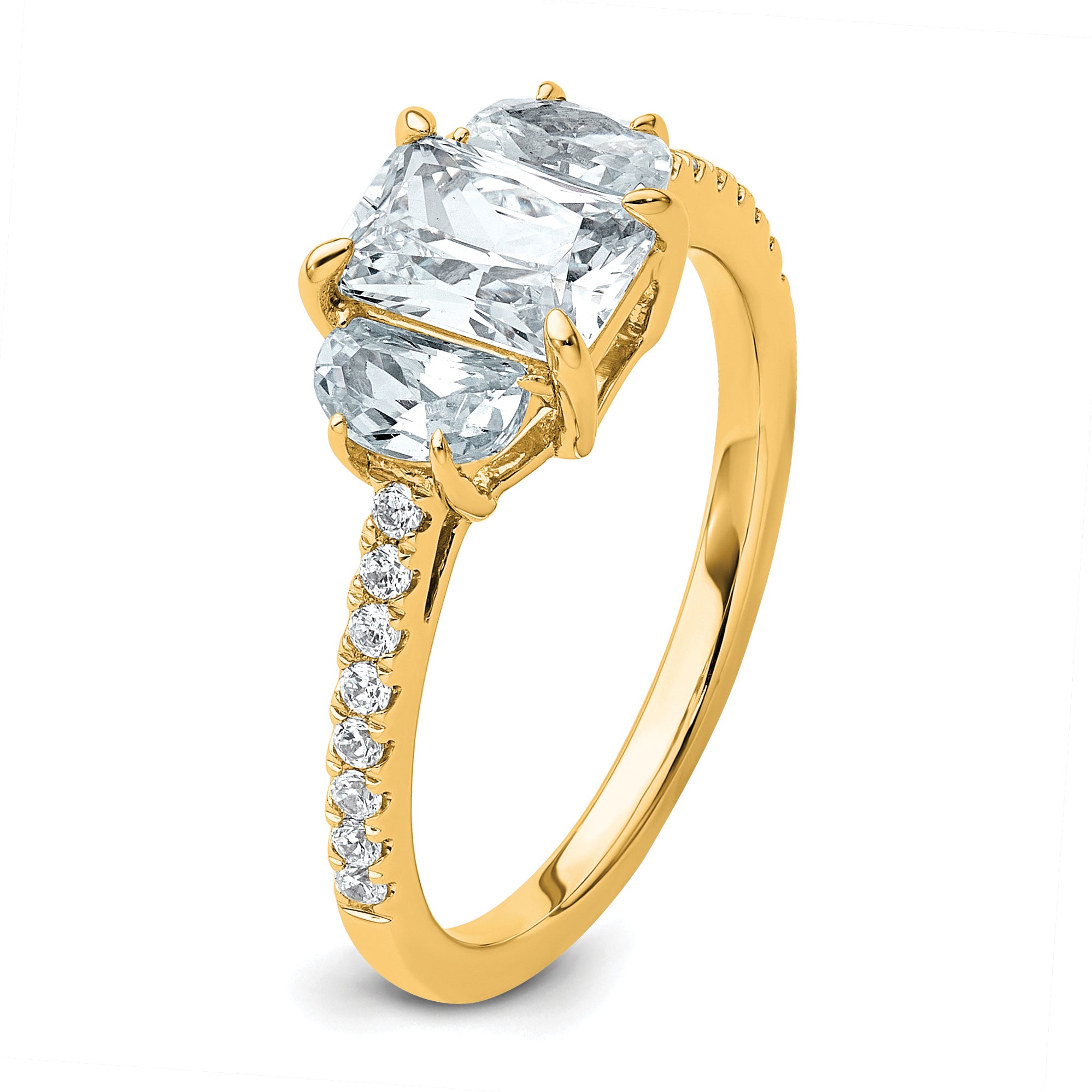14k 1 5/8 carat Certified Lab Grown Diamond VS+ F+ Radiant with Half Moon Complete Three Stone Engagement Ring