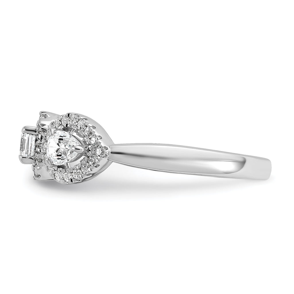 14k White Gold 5/8 carat Lab Grown Diamond VS/SI+ G+ Three Stone Emerald and Pear Complete Engagement Ring