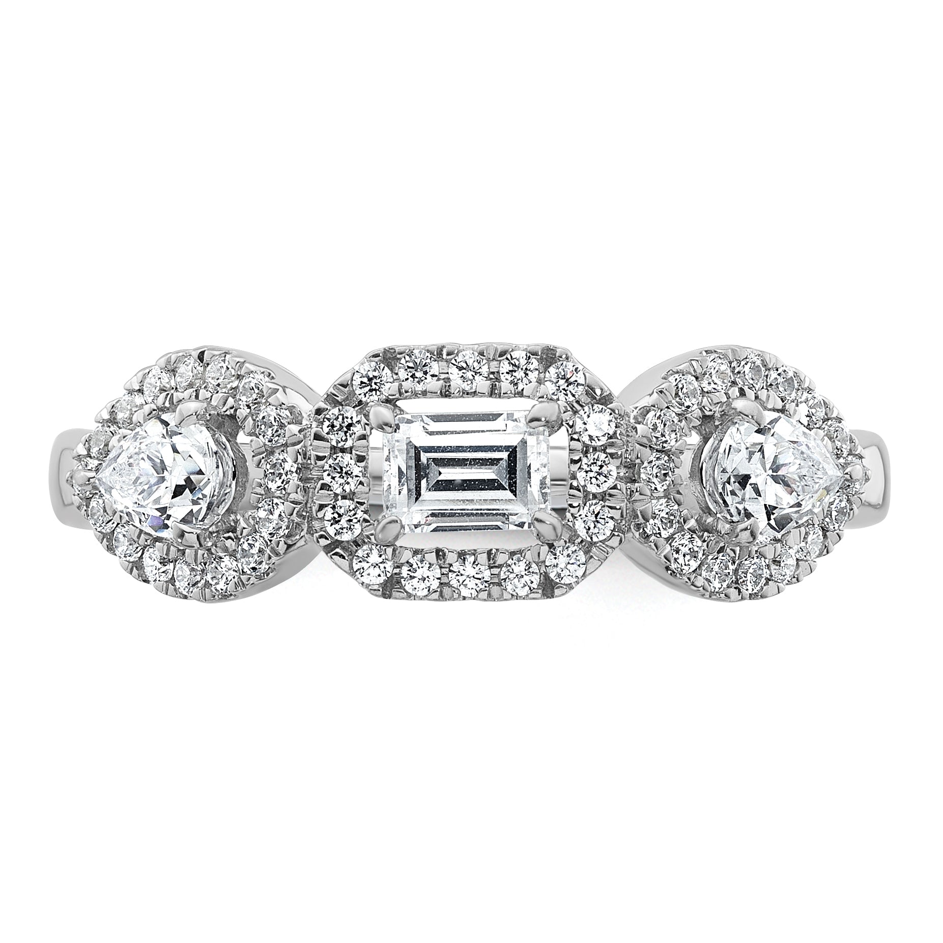 14k White Gold 5/8 carat Lab Grown Diamond VS/SI+ G+ Three Stone Emerald and Pear Complete Engagement Ring