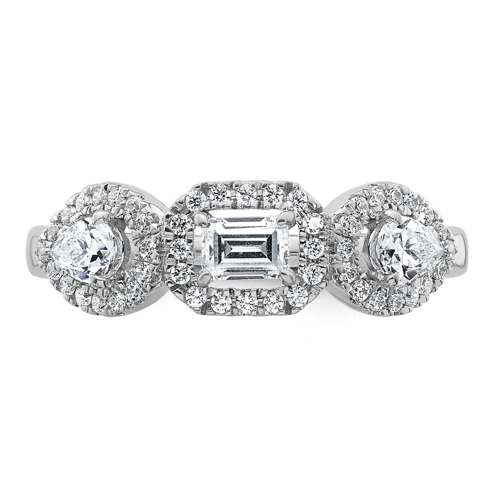 14k White Gold 5/8 carat Lab Grown Diamond VS/SI+ G+ Three Stone Emerald and Pear Complete Engagement Ring