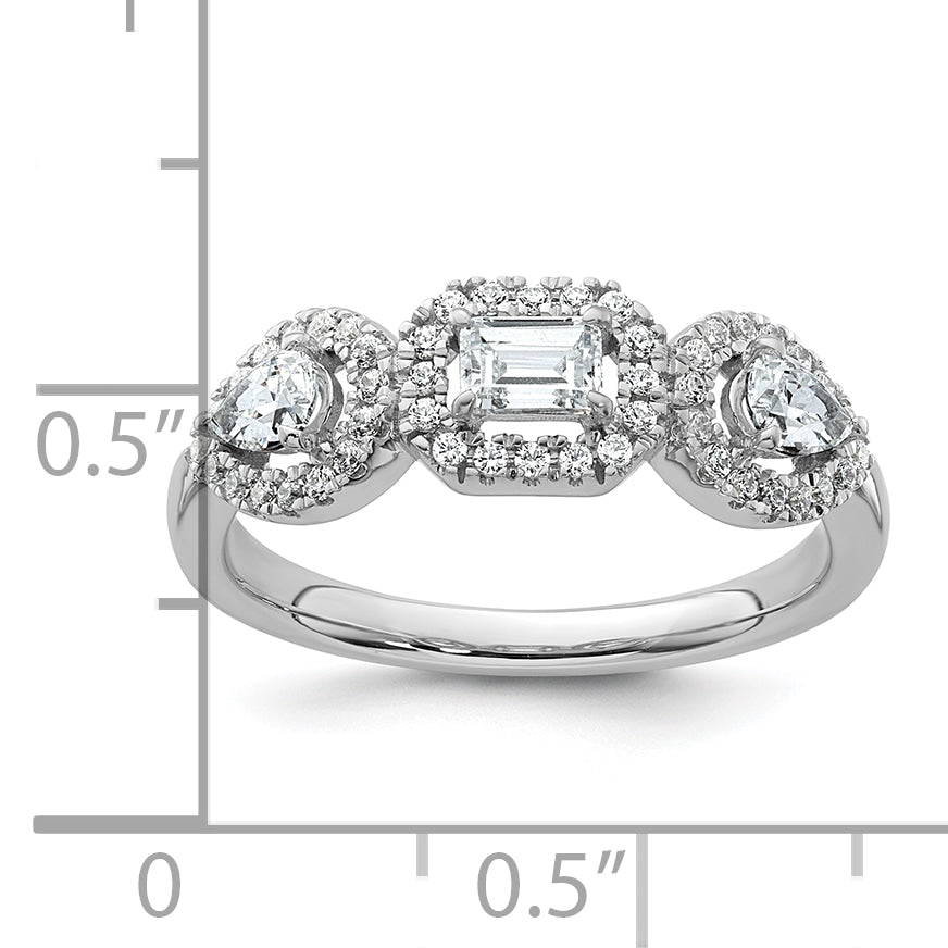 14k White Gold 5/8 carat Lab Grown Diamond VS/SI+ G+ Three Stone Emerald and Pear Complete Engagement Ring