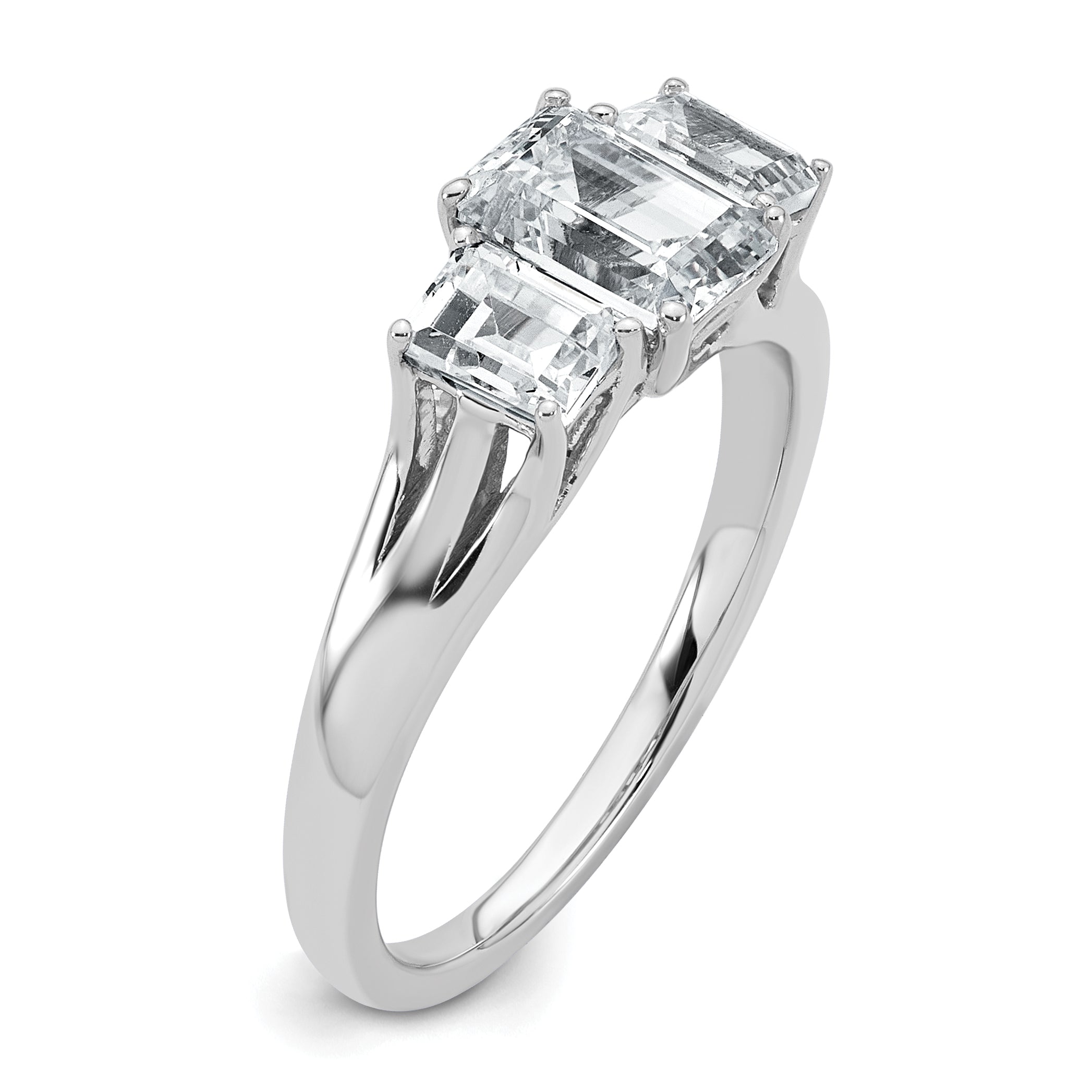 14k White Gold 1 5/8 carat Lab Grown Diamond VS+ F+ Emerald Complete Three Stone Engagement Ring