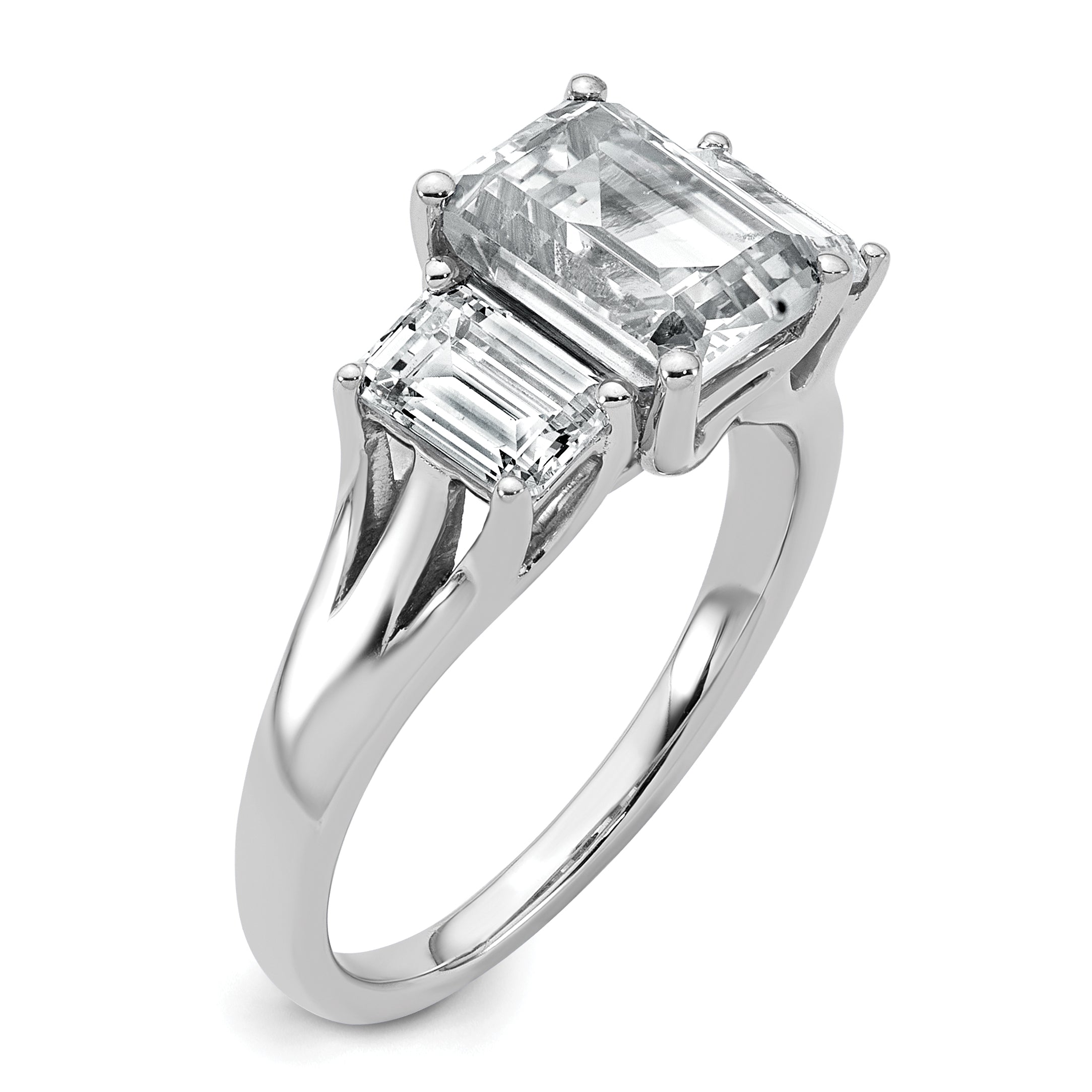 14k White Gold 3 1/3 carat Lab Grown Diamond VS+ F+ Emerald Complete Three Stone Engagement Ring