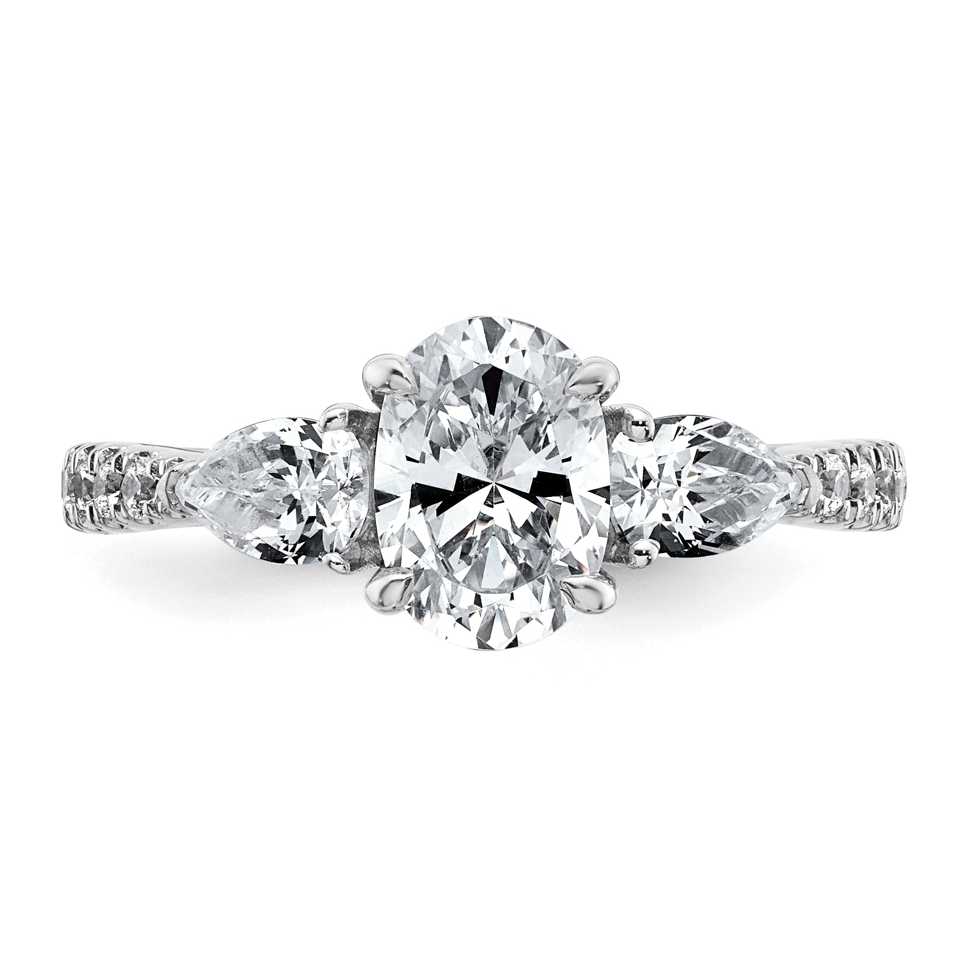 14k White Gold 1 5/8 carat Lab Grown Diamond VS+ F+ Oval with Pear Complete Three Stone Engagement Ring