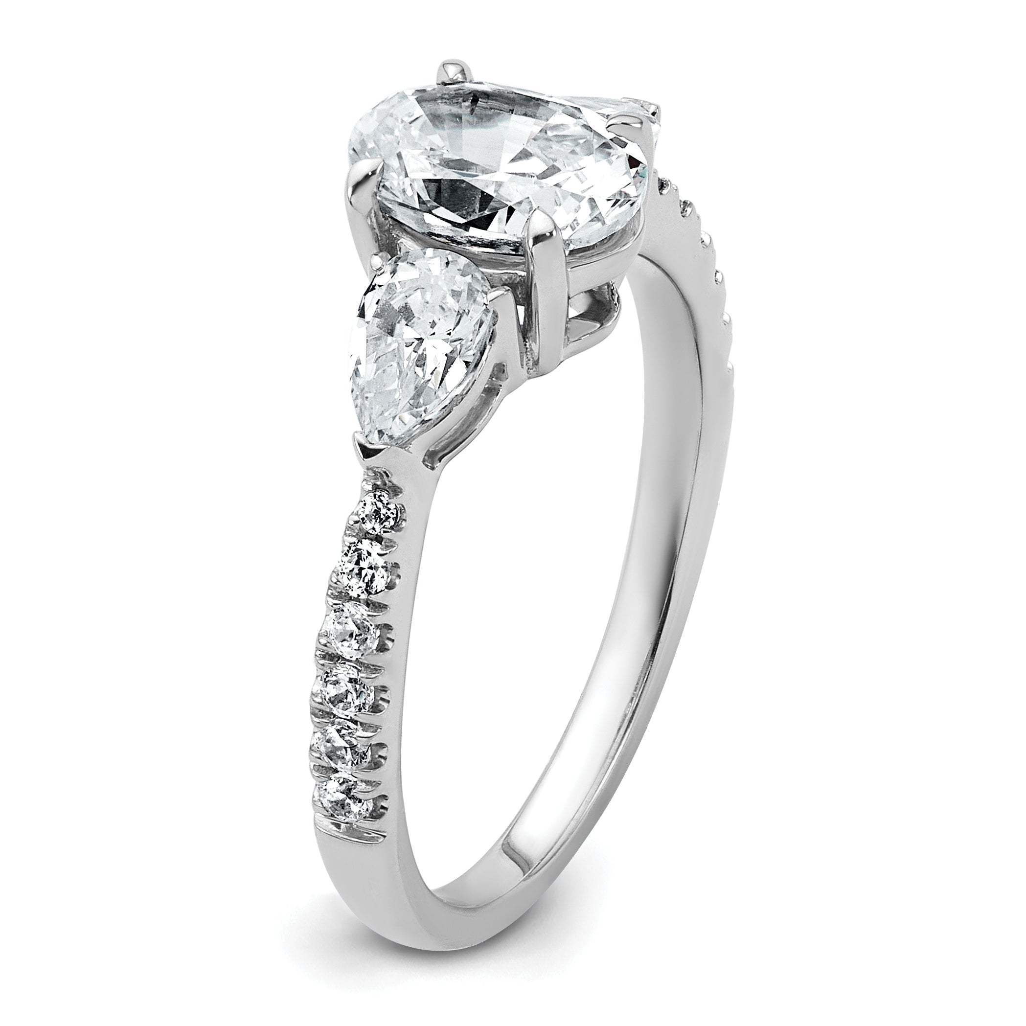 14k White Gold 1 5/8 carat Lab Grown Diamond VS+ F+ Oval with Pear Complete Three Stone Engagement Ring