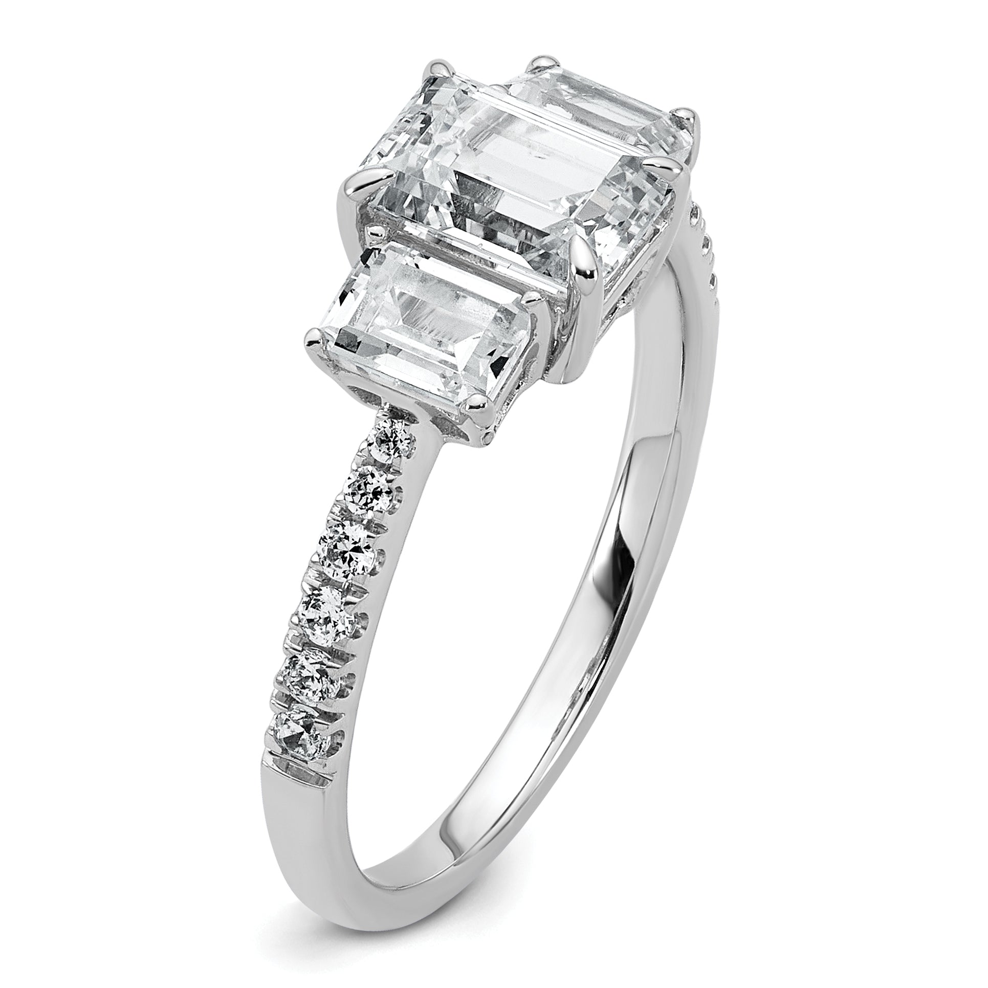 14k White Gold 1 3/4 carat Certified Lab Grown Diamond VS+ F+ Emerald Complete Three Stone Engagement Ring