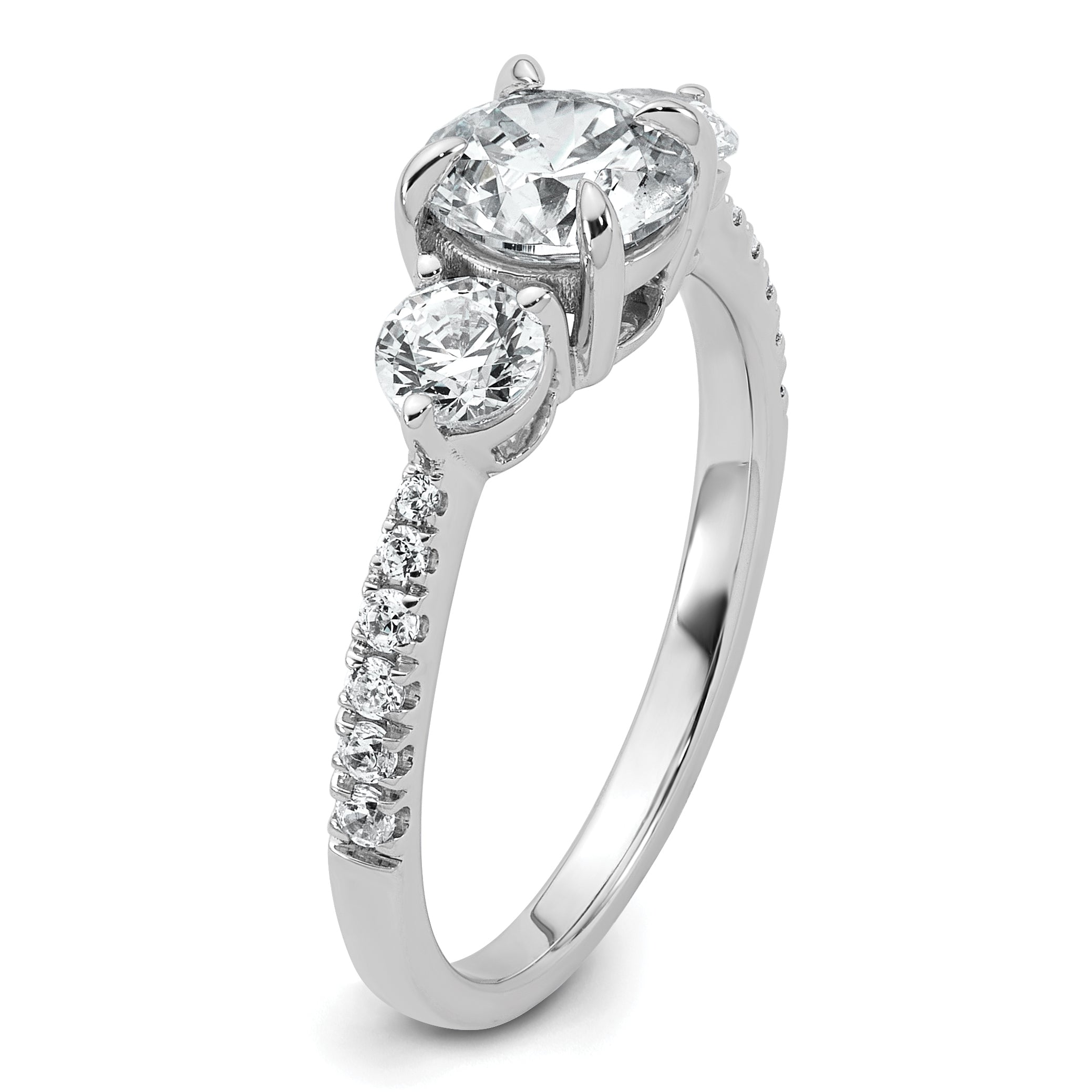 14k White Gold 5/8 carat Lab Grown Diamond VS+ F+ Round Semi Mount Three Stone Engagement Ring