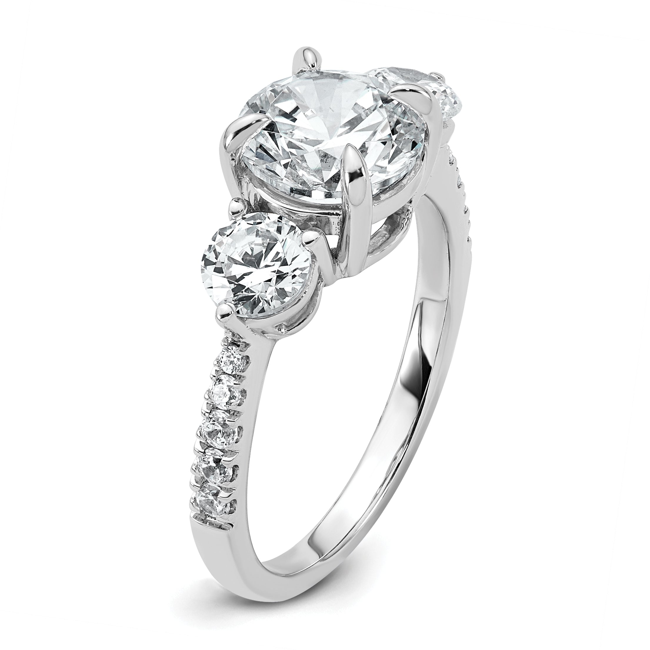 14k White Gold 1 carat Lab Grown Diamond VS+ F+ Round Semi Mount Three Stone Engagement Ring