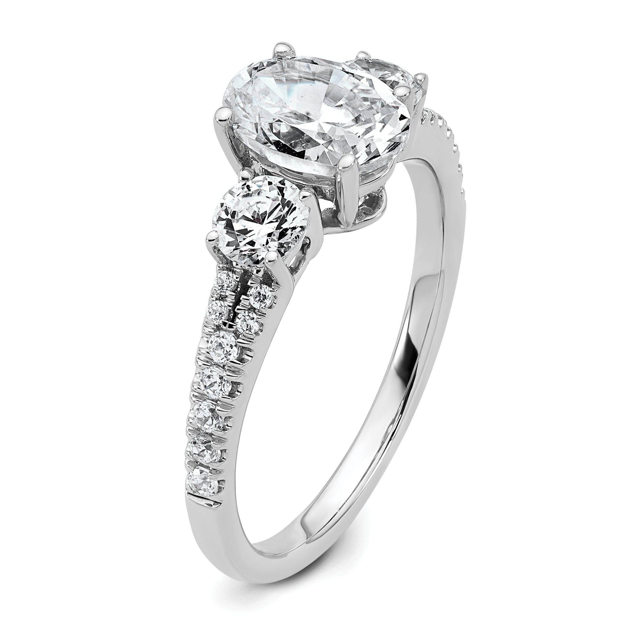 14k White Gold 1 5/8 carat Lab Grown Diamond VS+ F+ Oval with Round Complete Three Stone Engagement Ring