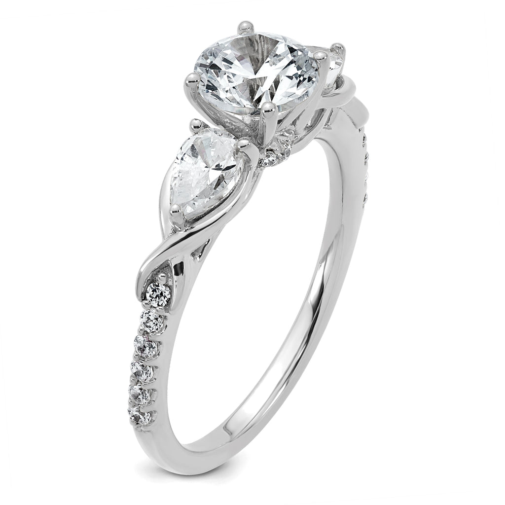14k White Gold 5/8 carat Lab Grown Diamond VS+ F+ 1 carat Center Round Semi Mount Three Stone Engagement Ring