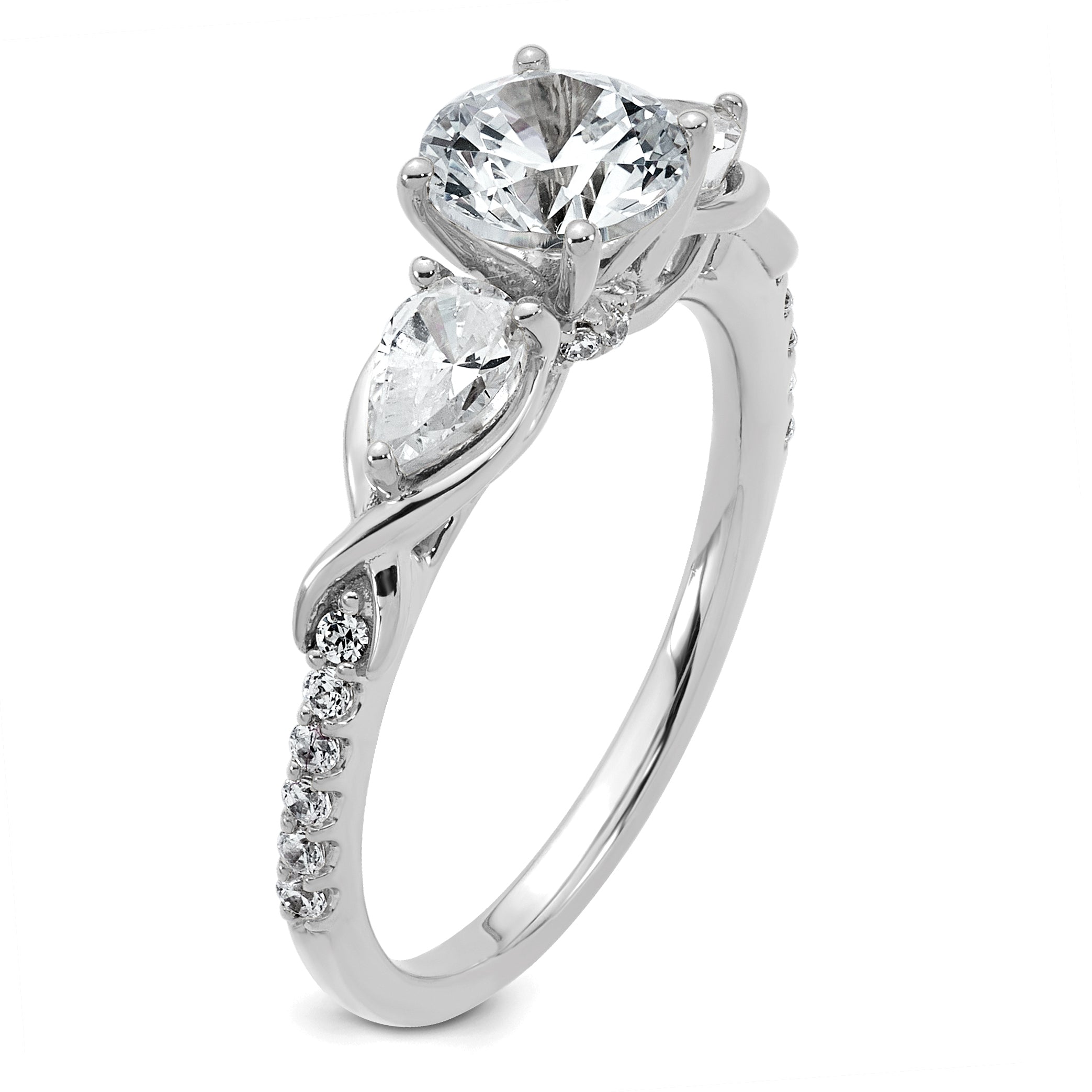 14k White Gold 5/8 carat Lab Grown Diamond VS+ F+ 1 carat Center Round Semi Mount Three Stone Engagement Ring
