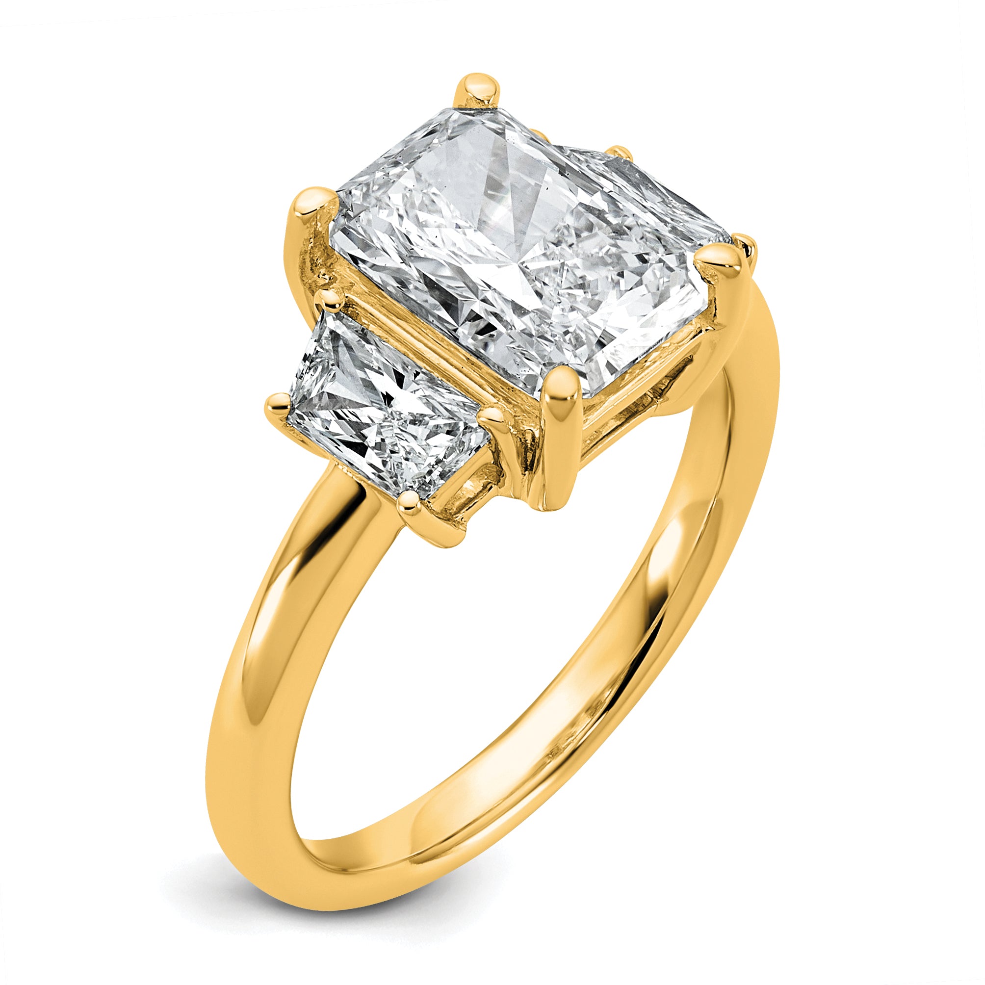 14k 3 1/3 carat Certified Lab Grown Diamond VS+ F+ Radiant and Trapezoid Complete Three Stone Engagement Ring
