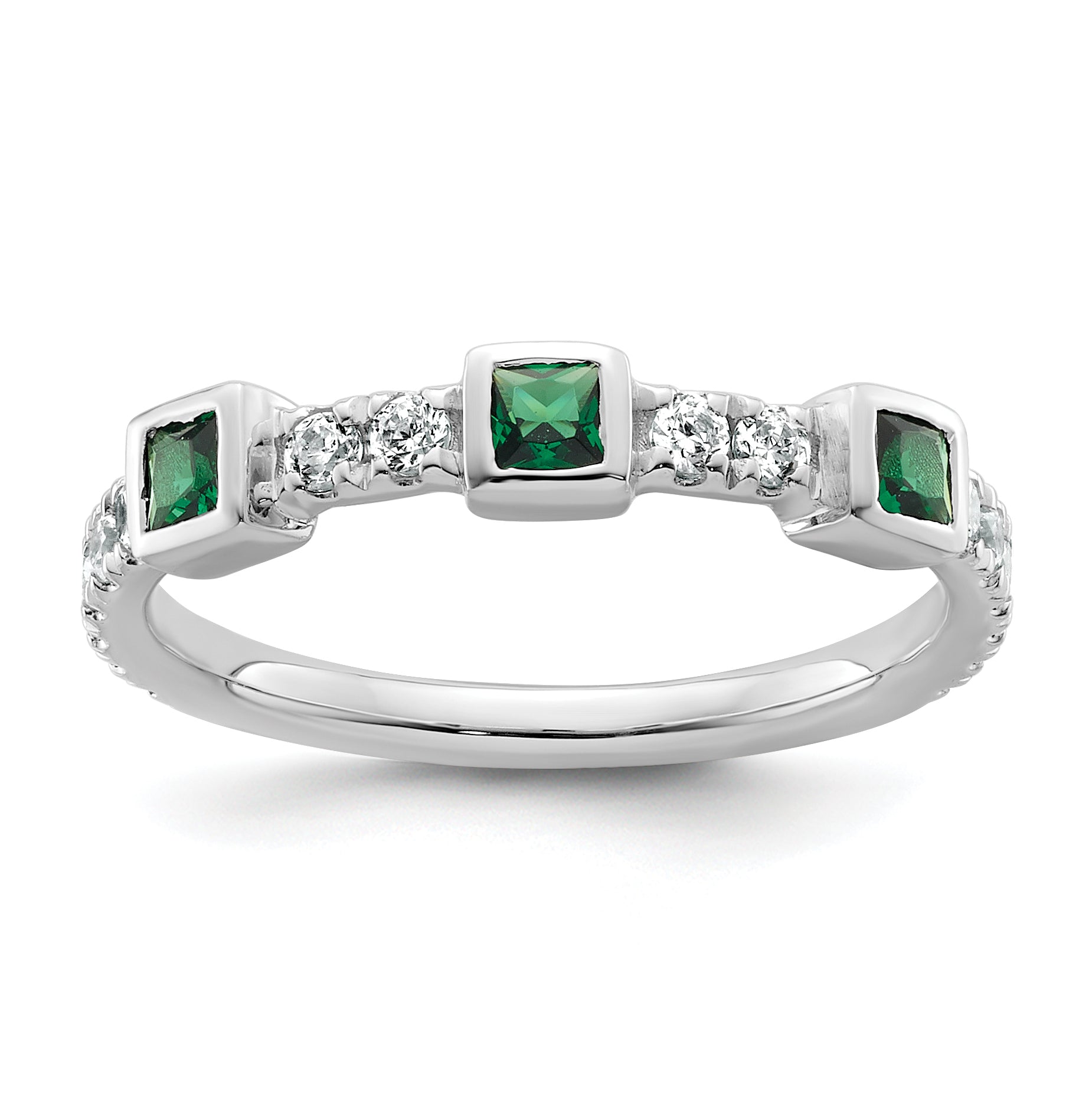 14K White Gold Polished Diamond and Emerald Fashion Ring