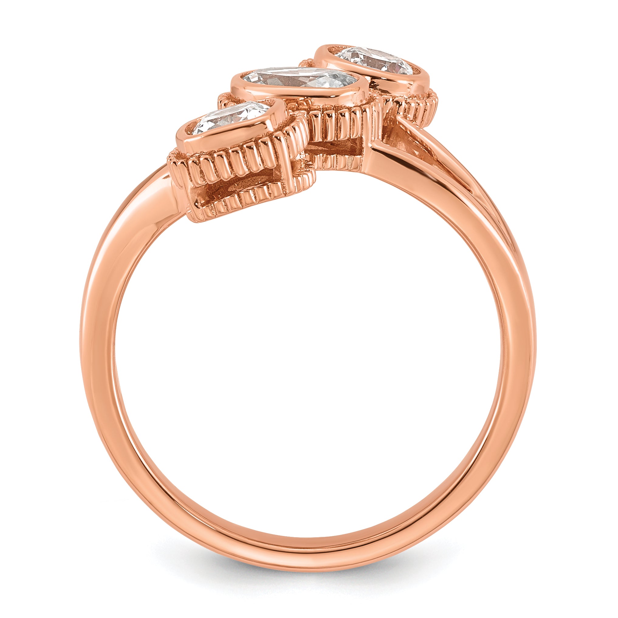 14k Rose Gold 1 carat Lab Grown Diamond VS+ F+ Complete Three Stone Bezel Set Fashion Ring
