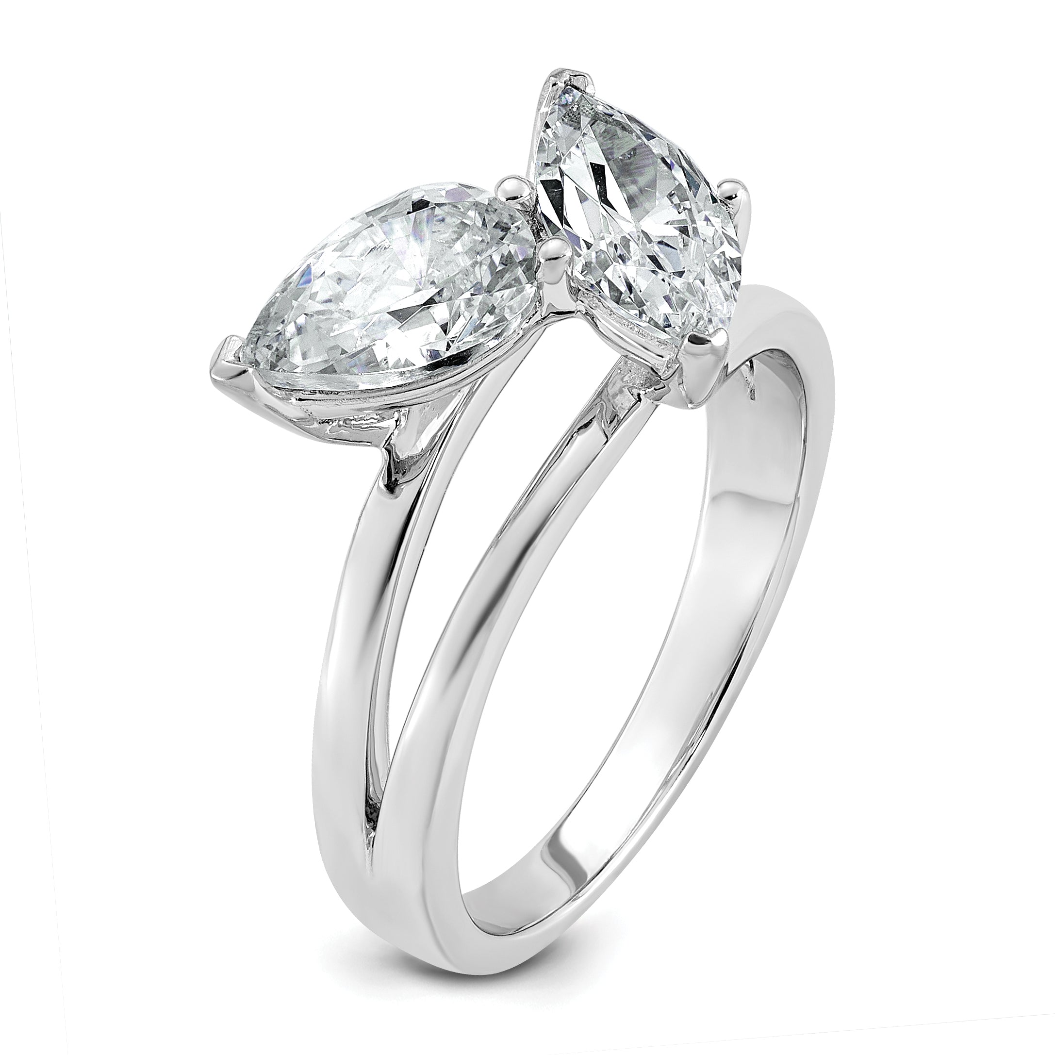14k White Gold 2 carat Lab Grown Diamond VS+ F+ Marquise and Pear Complete Asymmetrical Two Stone Engagement Ring