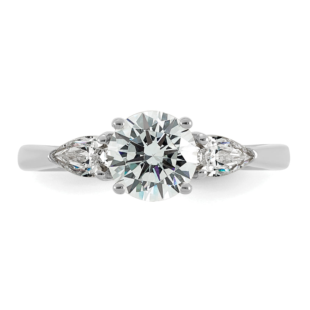 14k White Gold 1 3/8 carat Lab Grown Diamond VS+ F+ Round with Pear Sidestones Complete Three Stone Engagement Ring