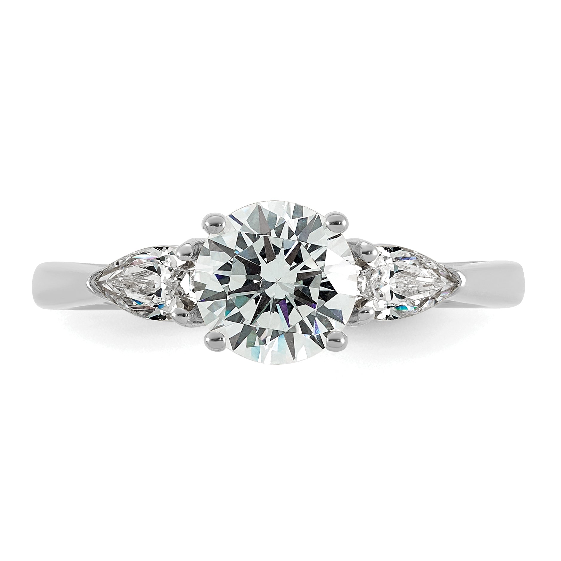 14k White Gold 1 3/8 carat Lab Grown Diamond VS+ F+ Round with Pear Sidestones Complete Three Stone Engagement Ring