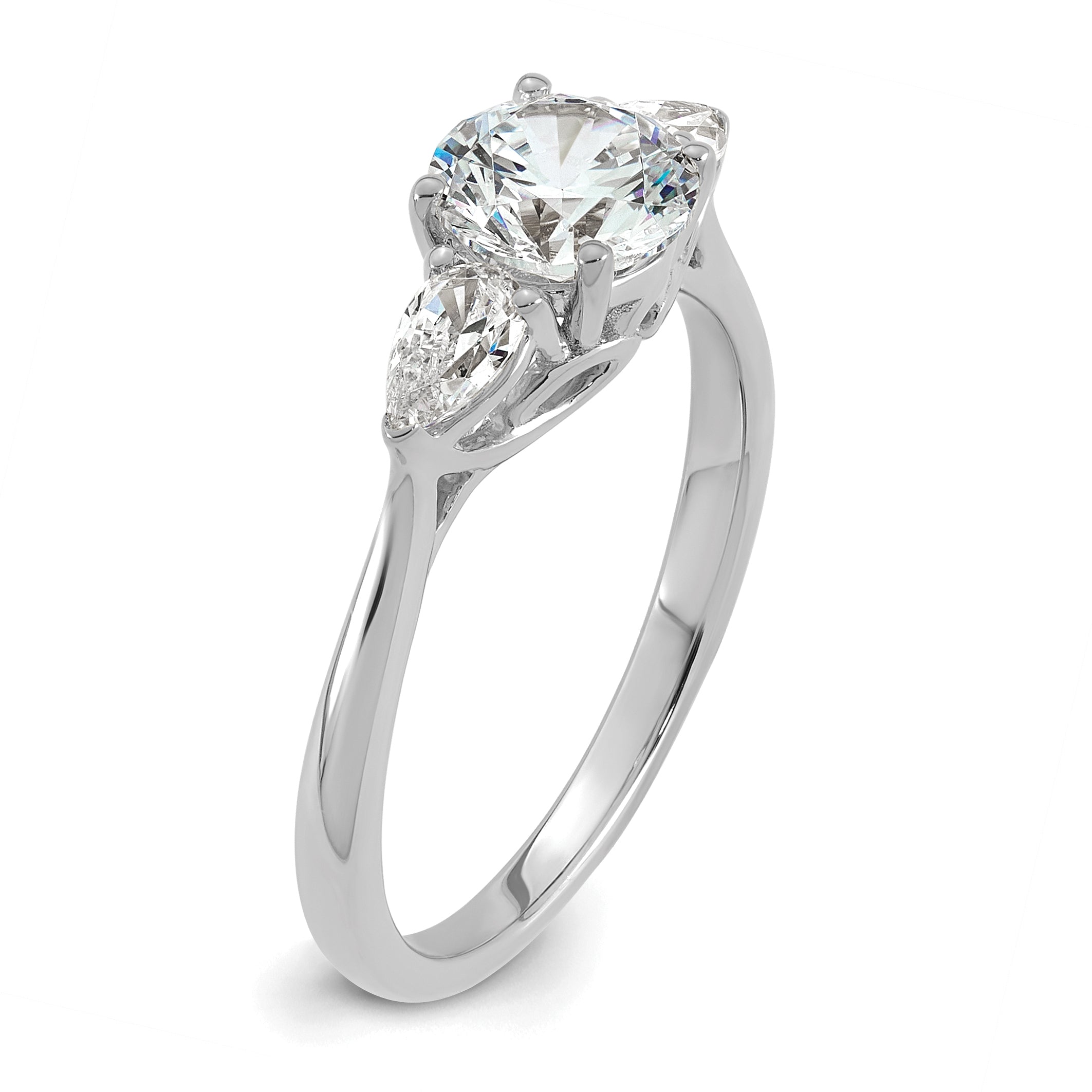 14k White Gold 1 3/8 carat Lab Grown Diamond VS+ F+ Round with Pear Sidestones Complete Three Stone Engagement Ring