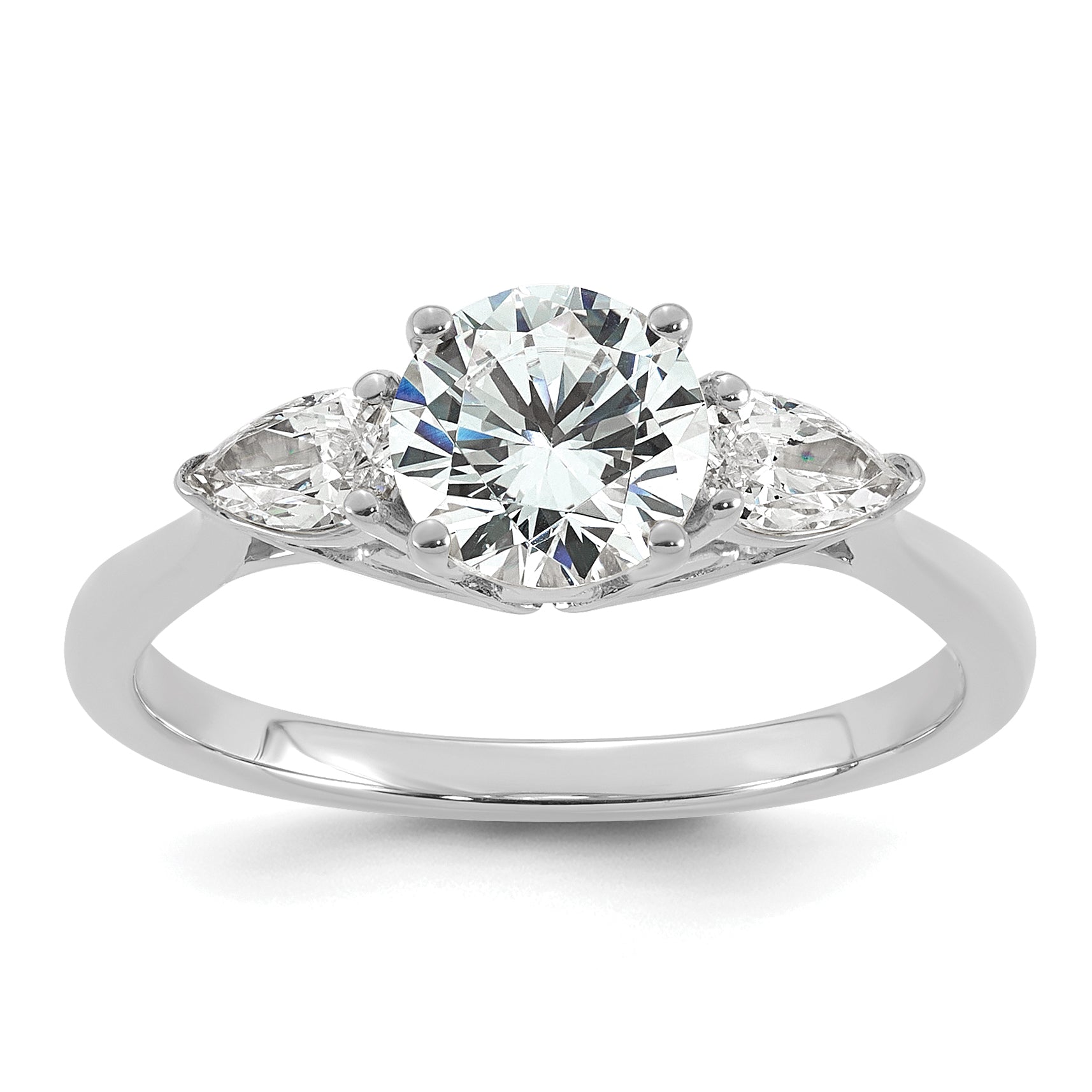 14k White Gold 1 3/8 carat Lab Grown Diamond VS+ F+ Round with Pear Sidestones Complete Three Stone Engagement Ring