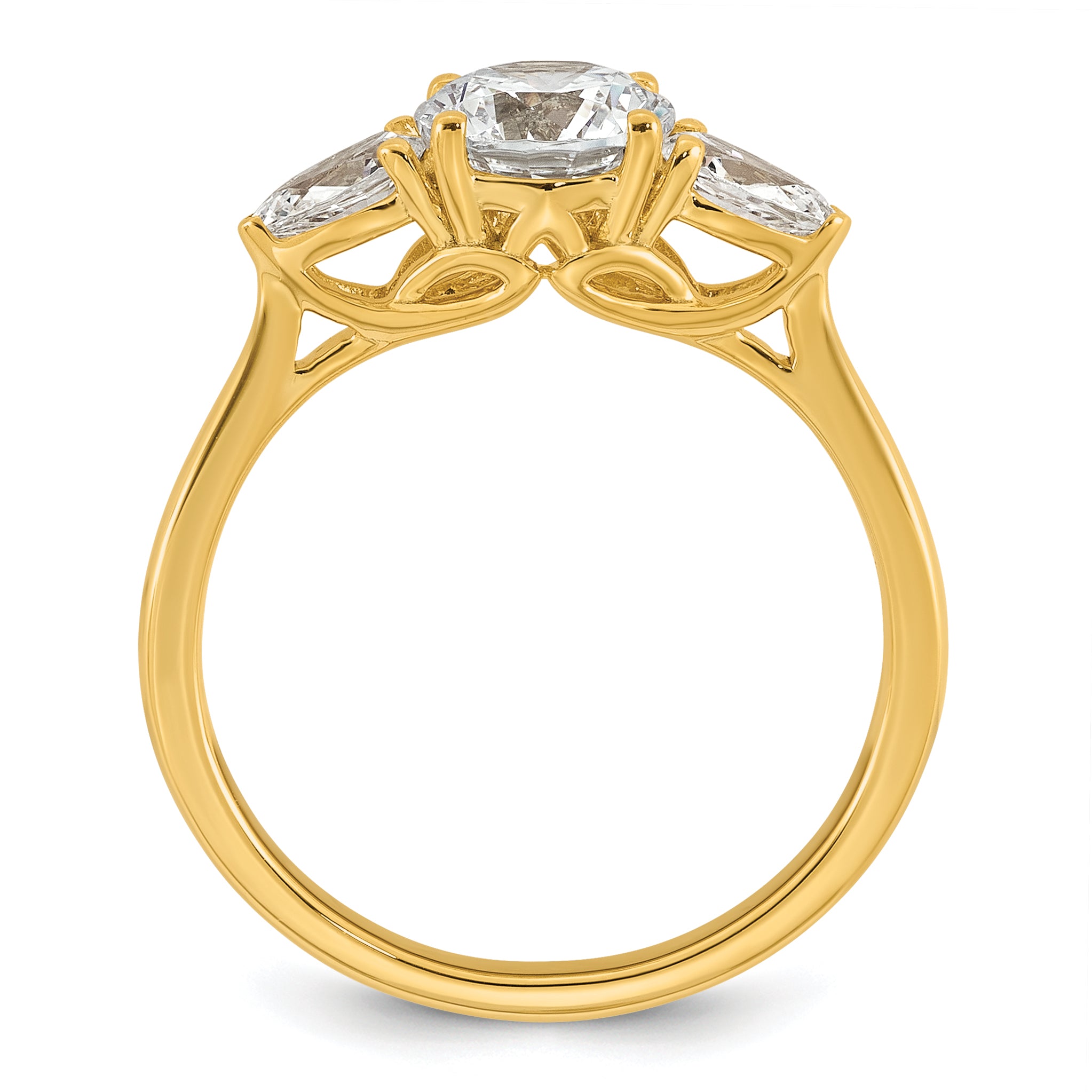 14k 1 3/8 carat Lab Grown Diamond VS+ F+ Round with Pear Sidestones Complete Three Stone Engagement Ring