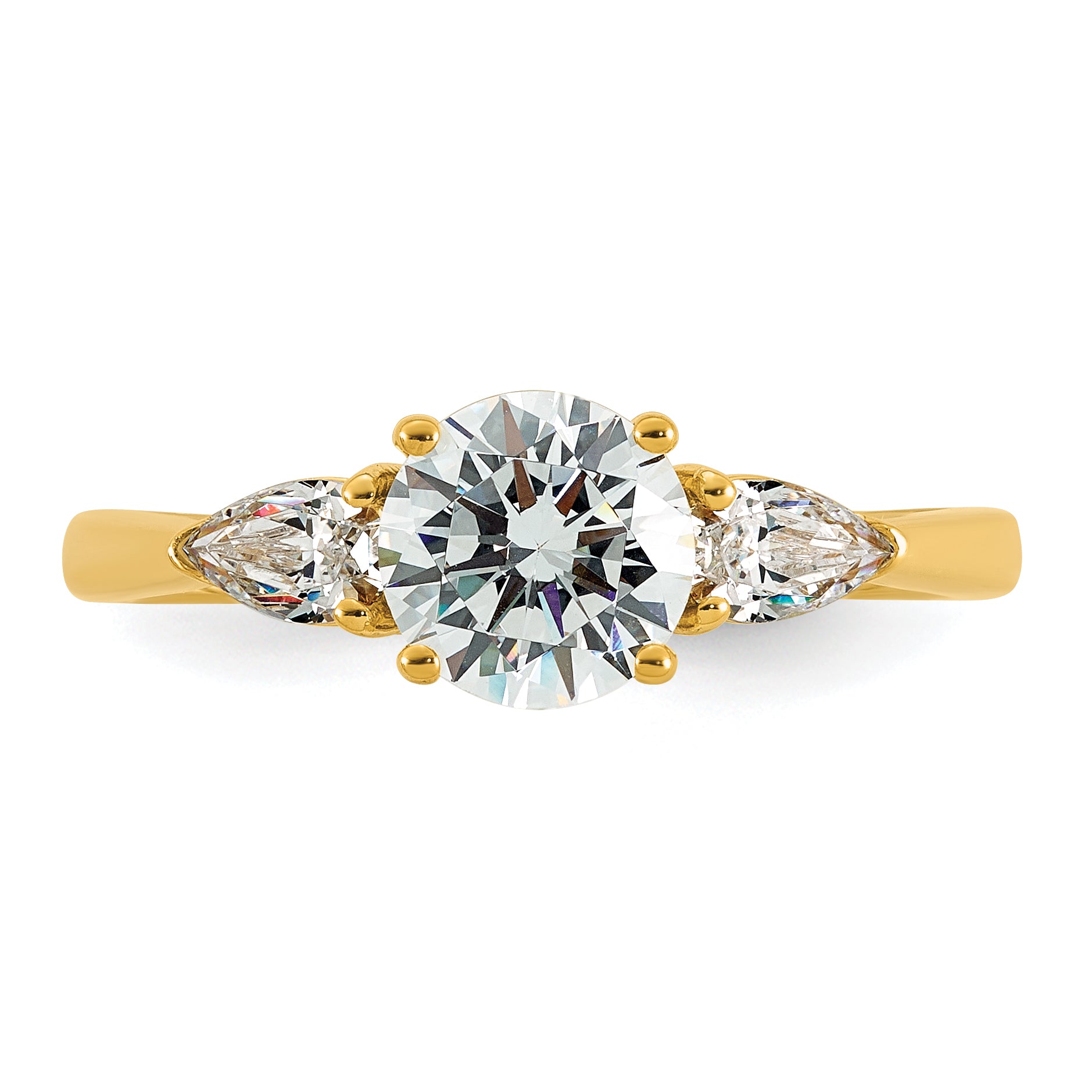 14k 1 3/8 carat Lab Grown Diamond VS+ F+ Round with Pear Sidestones Complete Three Stone Engagement Ring