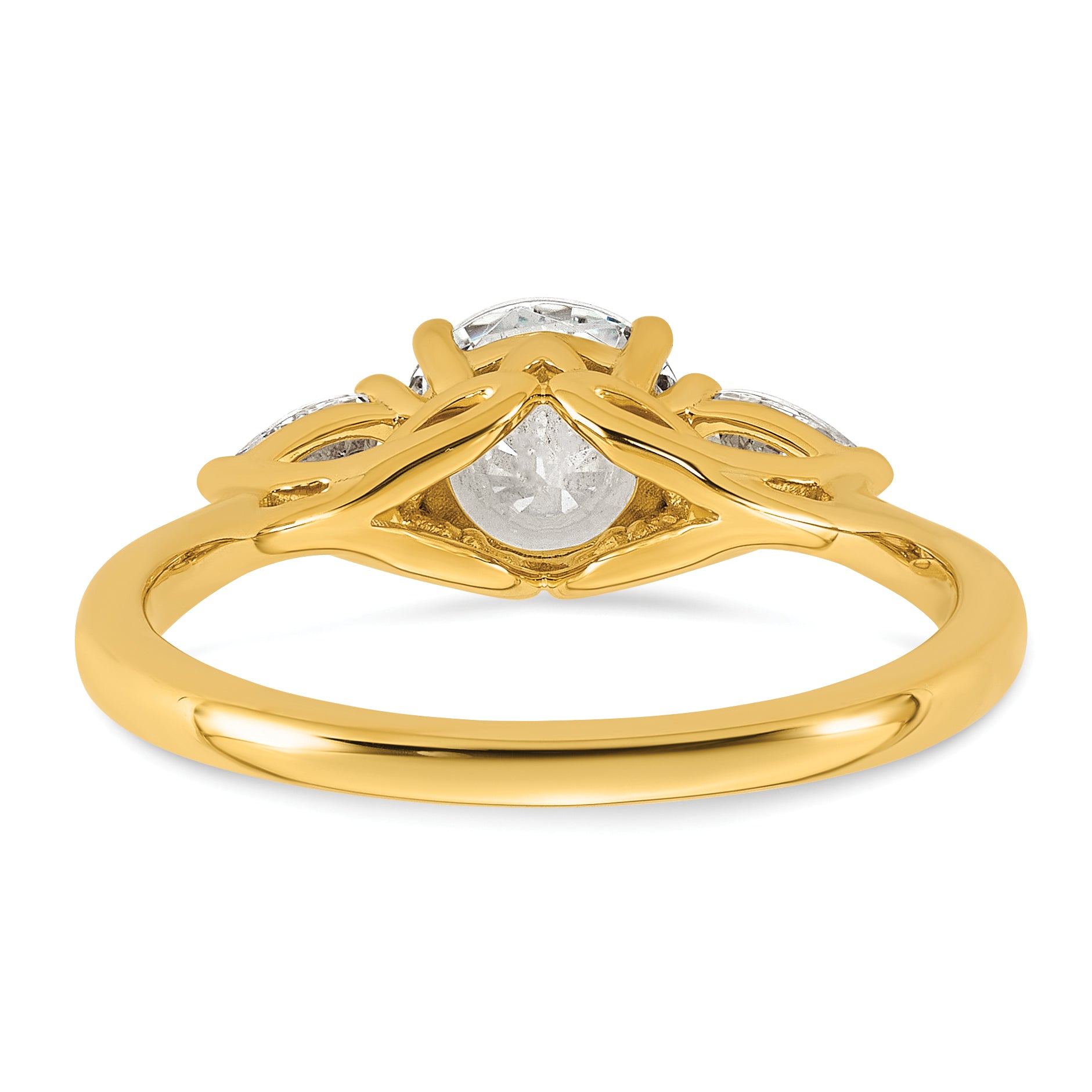14k 1 3/8 carat Lab Grown Diamond VS+ F+ Round with Pear Sidestones Complete Three Stone Engagement Ring