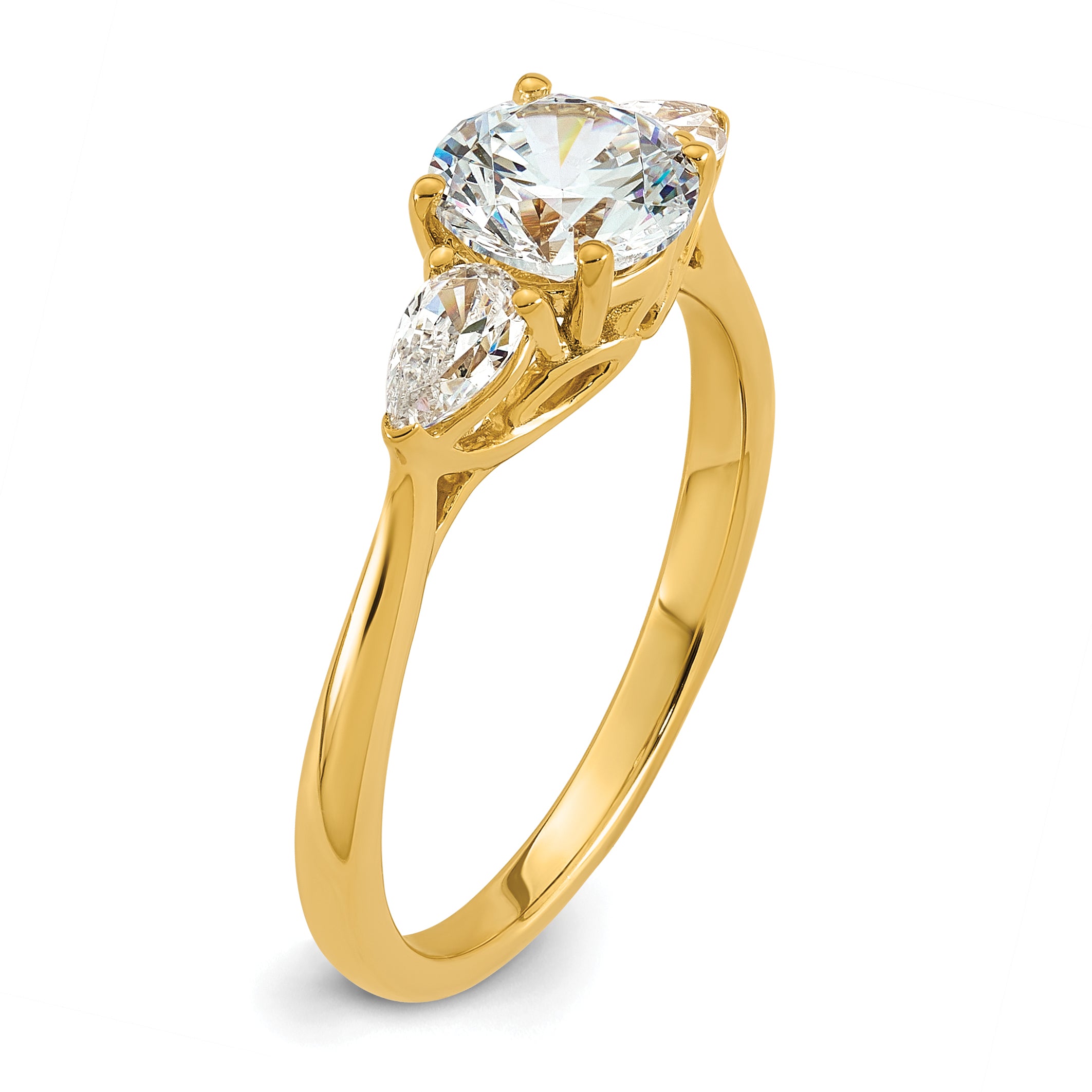 14k 1 3/8 carat Lab Grown Diamond VS+ F+ Round with Pear Sidestones Complete Three Stone Engagement Ring