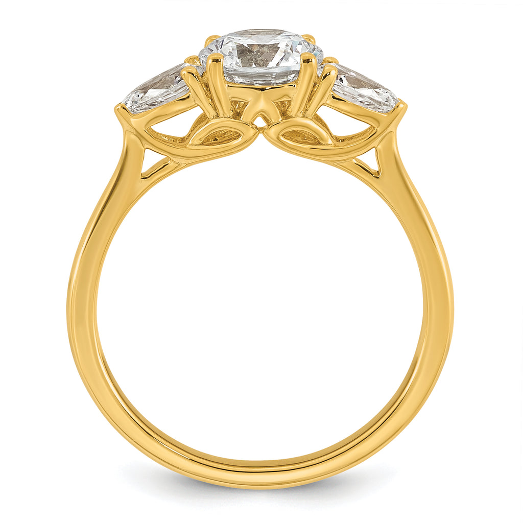 14k 1 3/8 carat Certified Lab Grown Diamond VS+ F+ Round with Pear Sidestones Complete Three Stone Engagement Ring