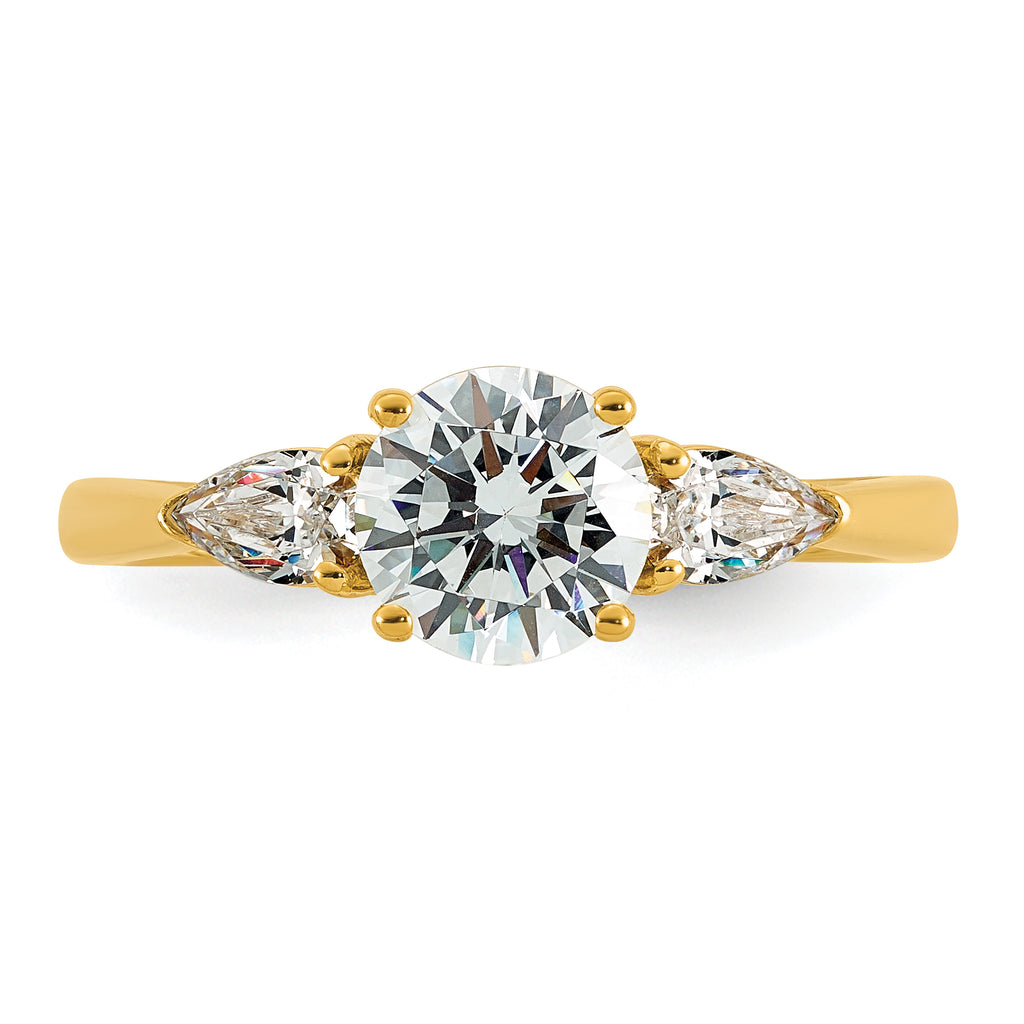 14k 1 3/8 carat Certified Lab Grown Diamond VS+ F+ Round with Pear Sidestones Complete Three Stone Engagement Ring