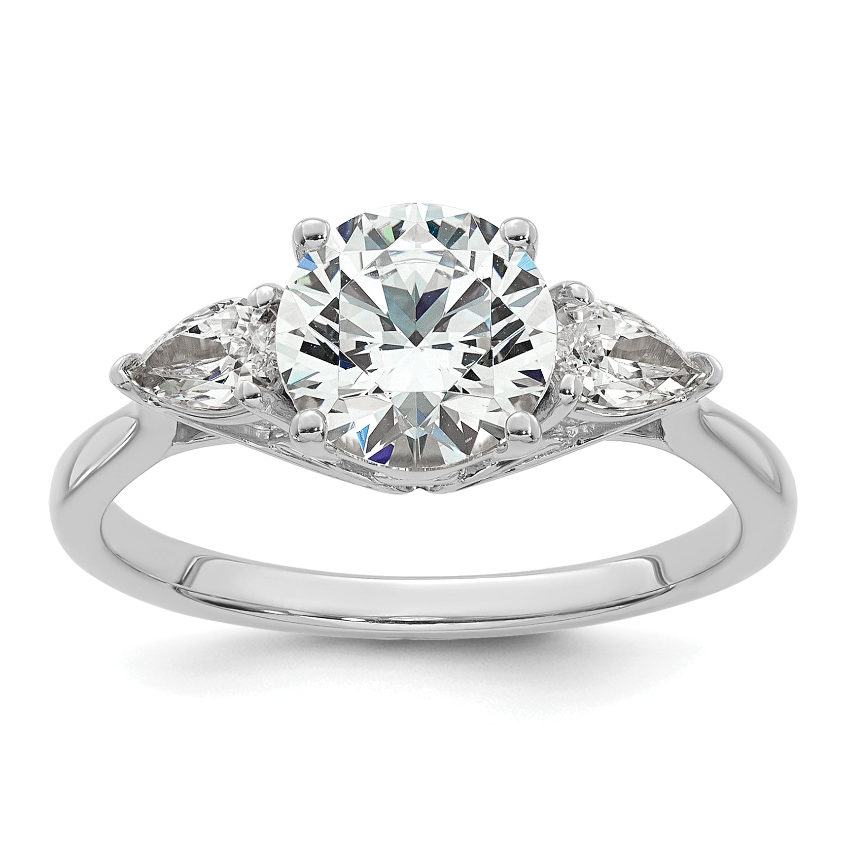 14k White Gold 1 7/8 carat Lab Grown Diamond VS+ F+ Round with Pear Sidestones Complete Three Stone Engagement Ring