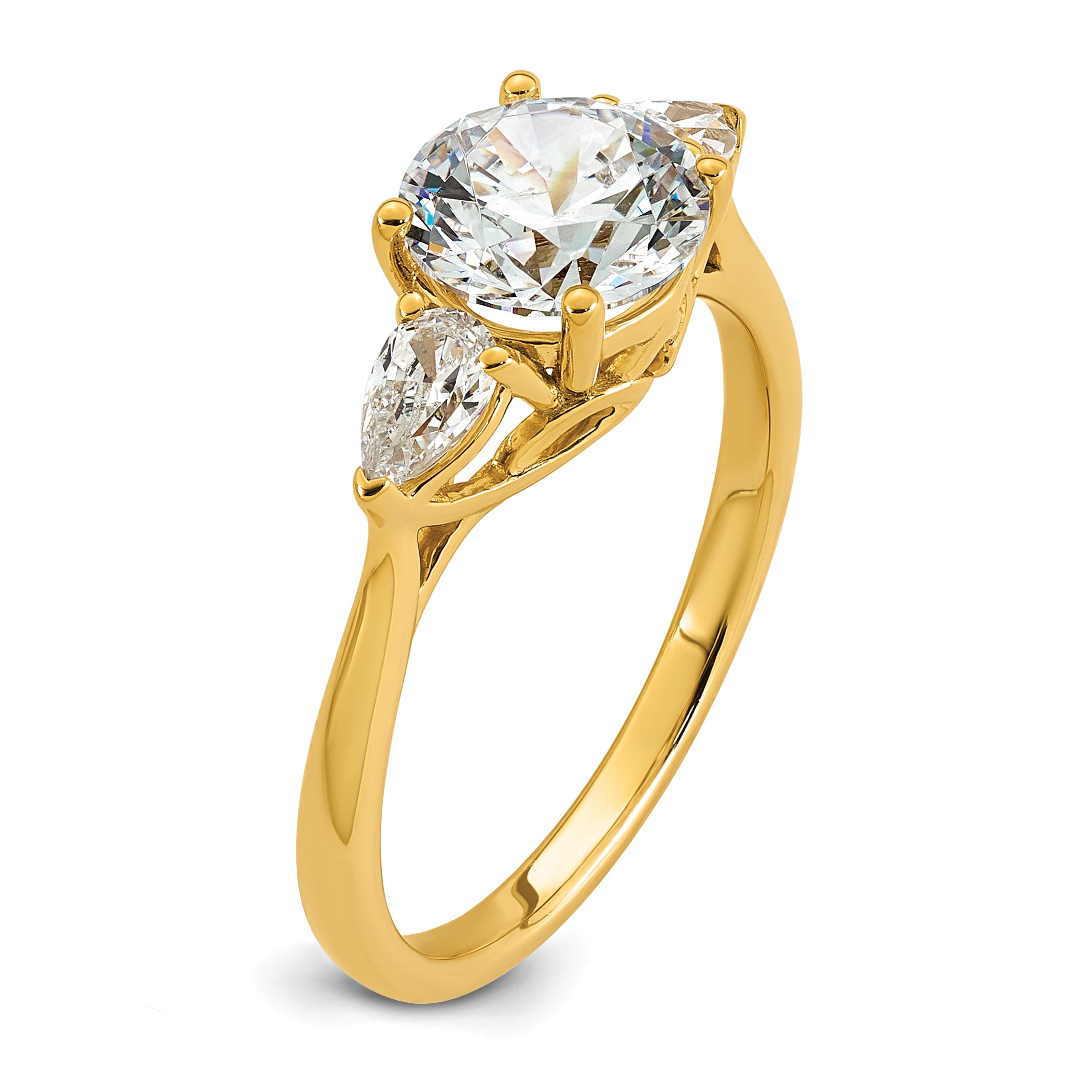 14k 1 7/8 carat Lab Grown Diamond VS+ F+ Round with Pear Sidestones Complete Three Stone Engagement Ring