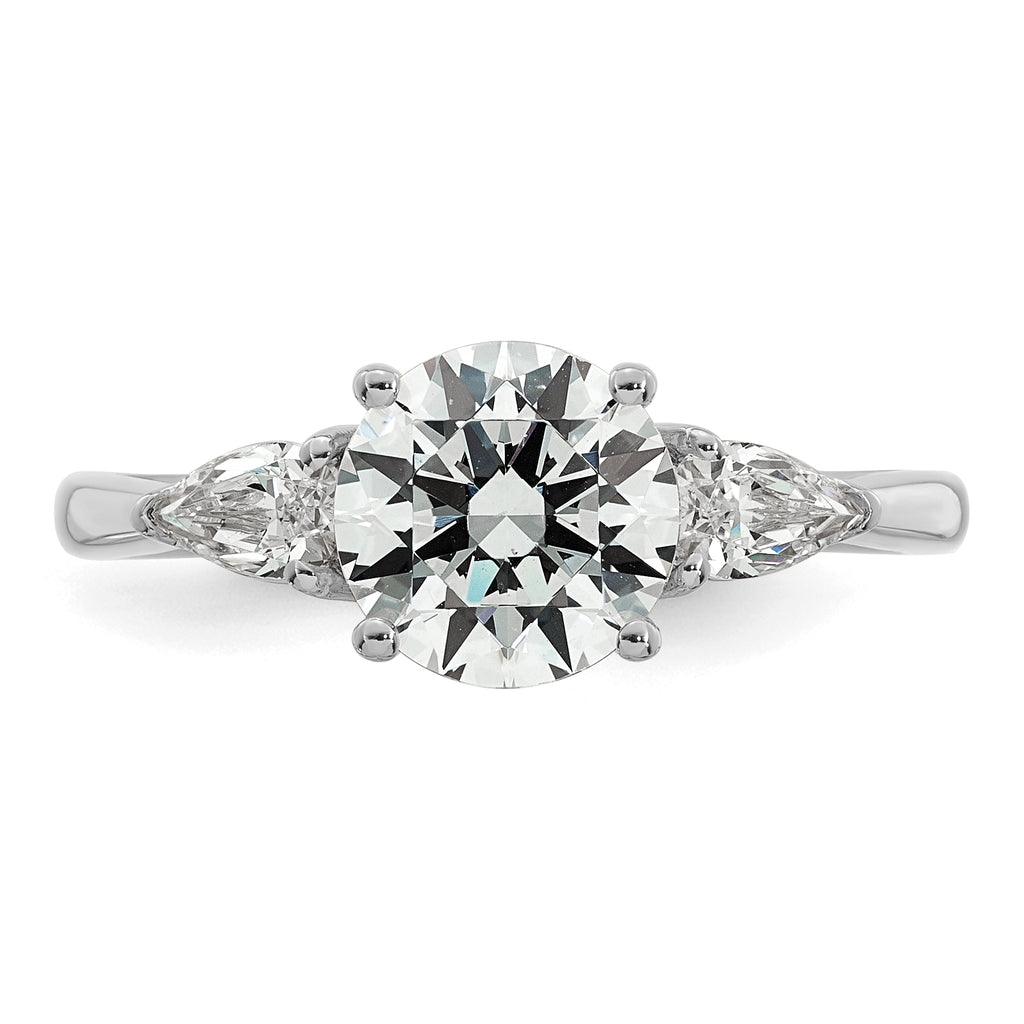 14k White Gold 1 7/8 carat Certified Lab Grown Diamond VS+ F+ Round with Pear Sidestones Complete Three Stone Engagement Ring