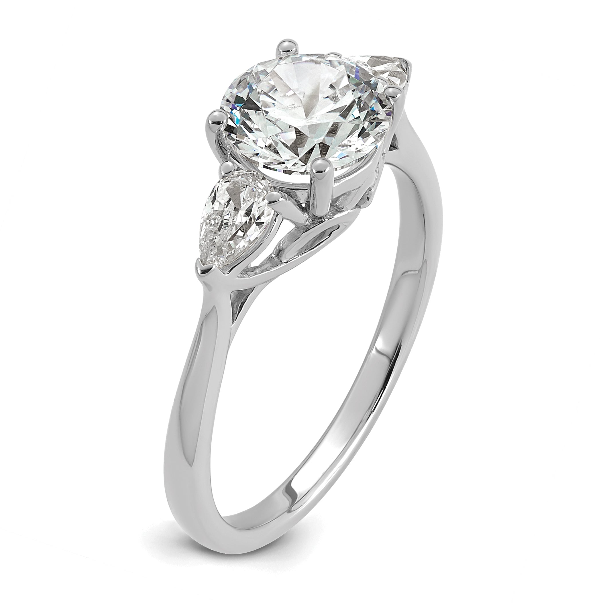 14k White Gold 1 7/8 carat Certified Lab Grown Diamond VS+ F+ Round with Pear Sidestones Complete Three Stone Engagement Ring