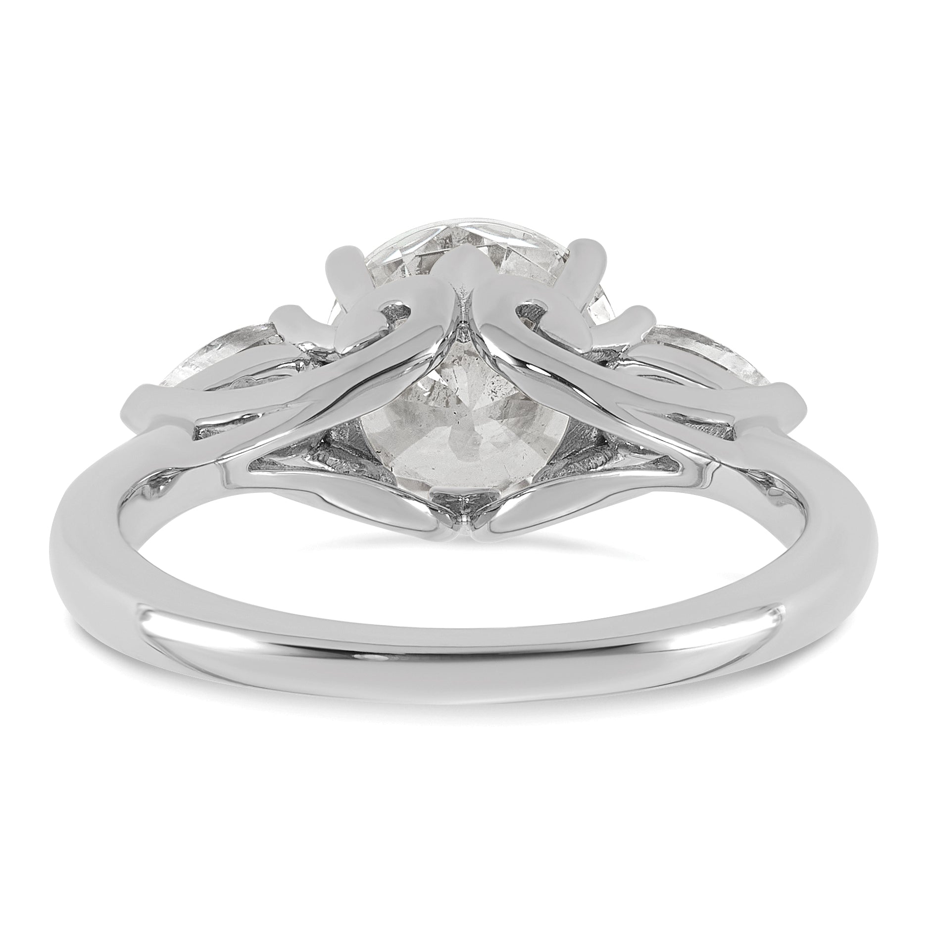 14k White Gold 2 1/2 carat Lab Grown Diamond VS+ F+ Round with Pear Sidestones Complete Three Stone Engagement Ring