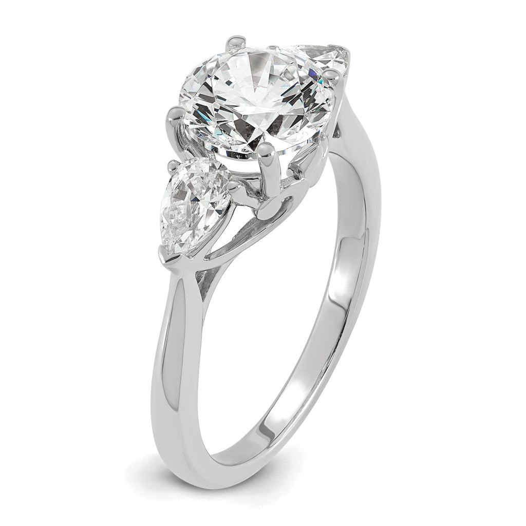 14k White Gold 2 1/2 carat Lab Grown Diamond VS+ F+ Round with Pear Sidestones Complete Three Stone Engagement Ring