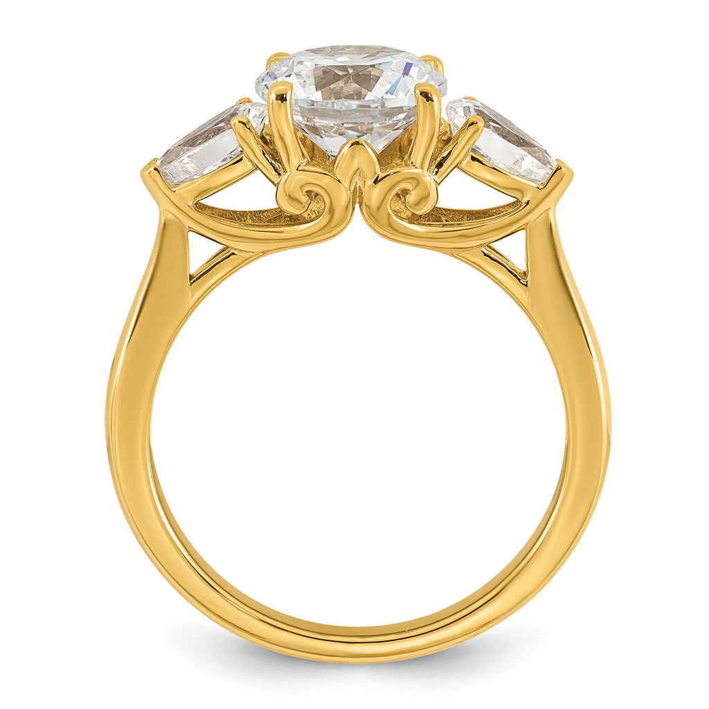 14k 2 1/2 carat Lab Grown Diamond VS+ F+ Round with Pear Sidestones Complete Three Stone Engagement Ring