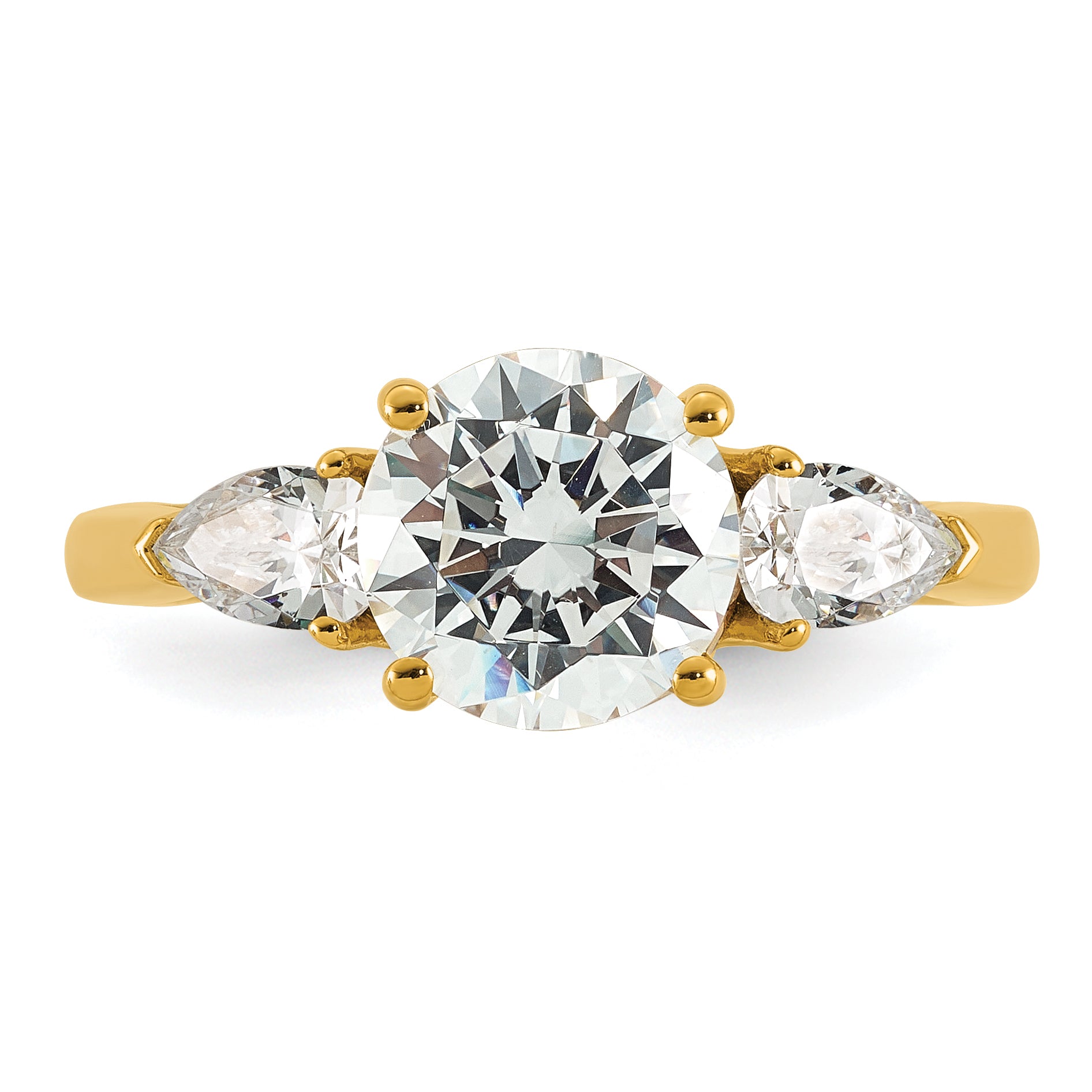 14k 2 1/2 carat Lab Grown Diamond VS+ F+ Round with Pear Sidestones Complete Three Stone Engagement Ring