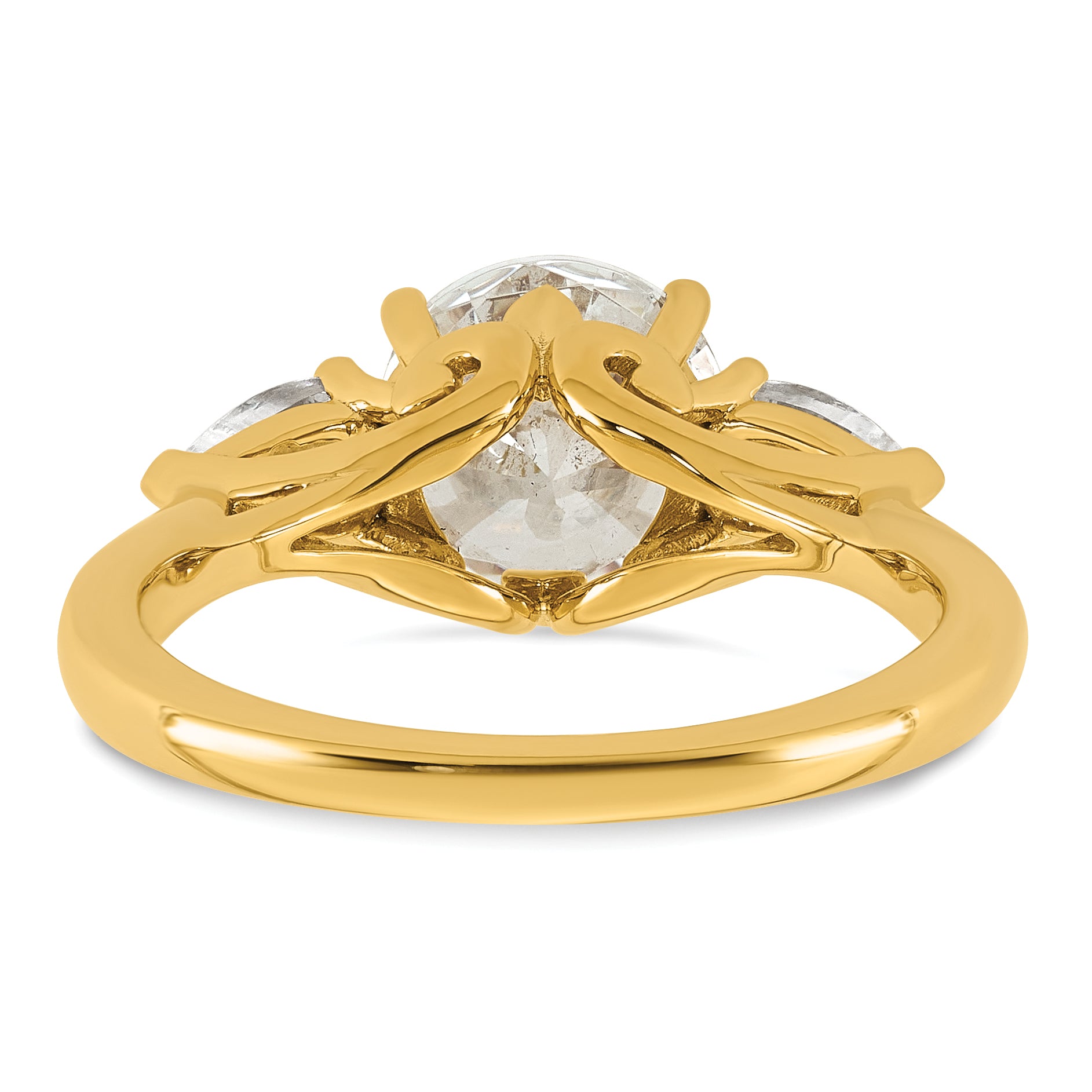 14k 2 1/2 carat Lab Grown Diamond VS+ F+ Round with Pear Sidestones Complete Three Stone Engagement Ring