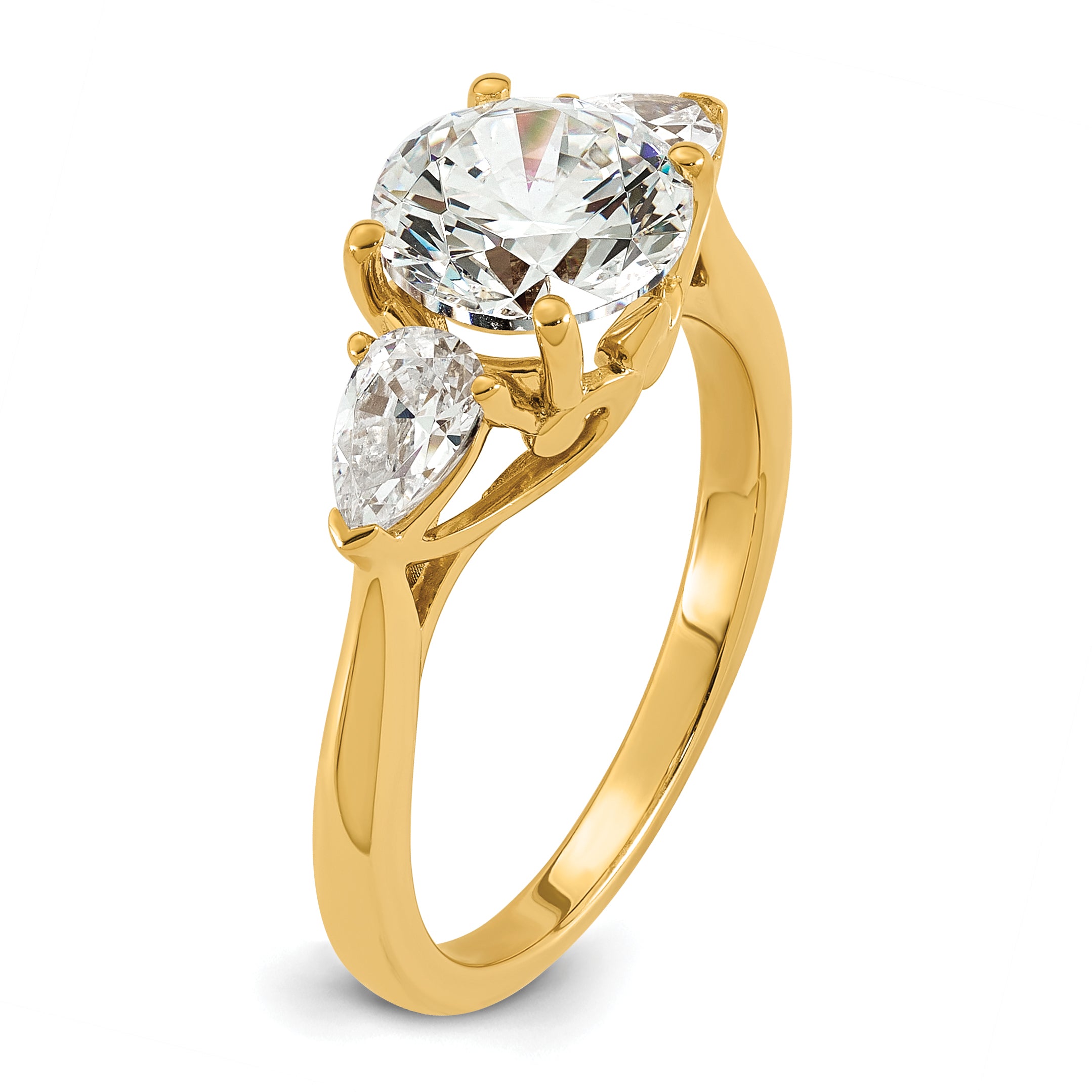 14k 2 1/2 carat Lab Grown Diamond VS+ F+ Round with Pear Sidestones Complete Three Stone Engagement Ring