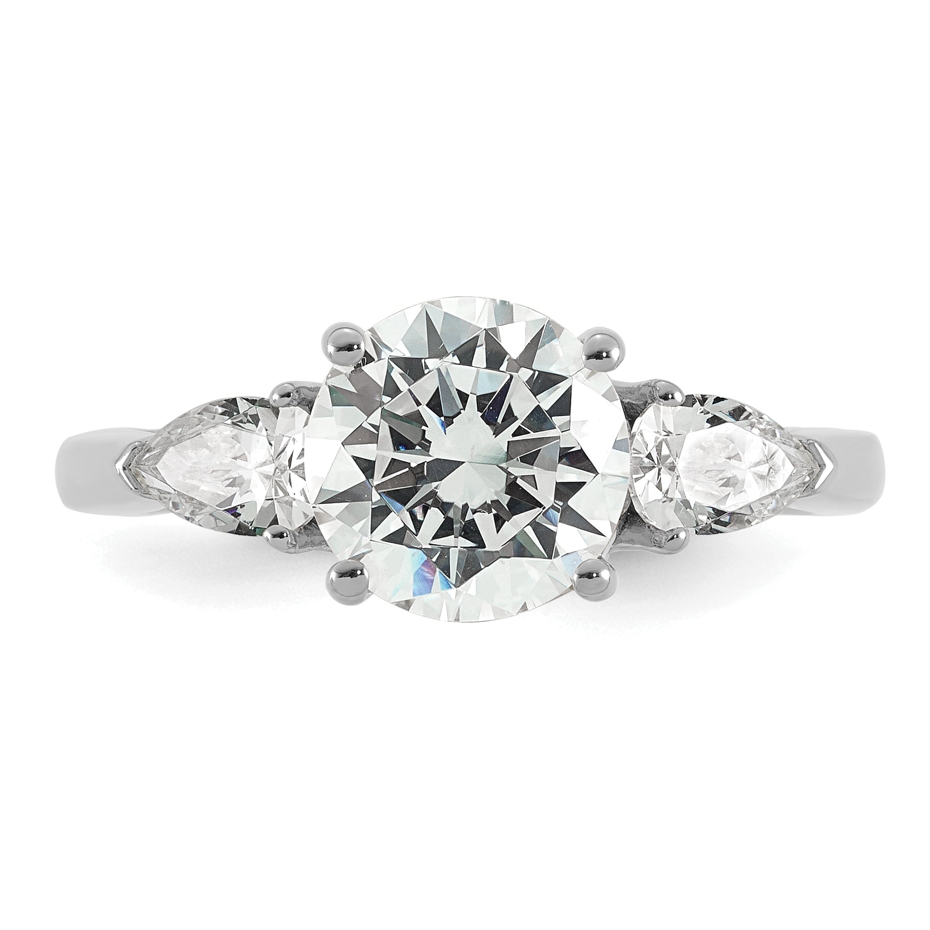14k White Gold 2 1/2 carat Certified Lab Grown Diamond VS+ F+ Round with Pear Sidestones Complete Three Stone Engagement Ring