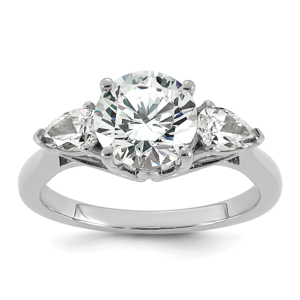 14k White Gold 2 1/2 carat Certified Lab Grown Diamond VS+ F+ Round with Pear Sidestones Complete Three Stone Engagement Ring