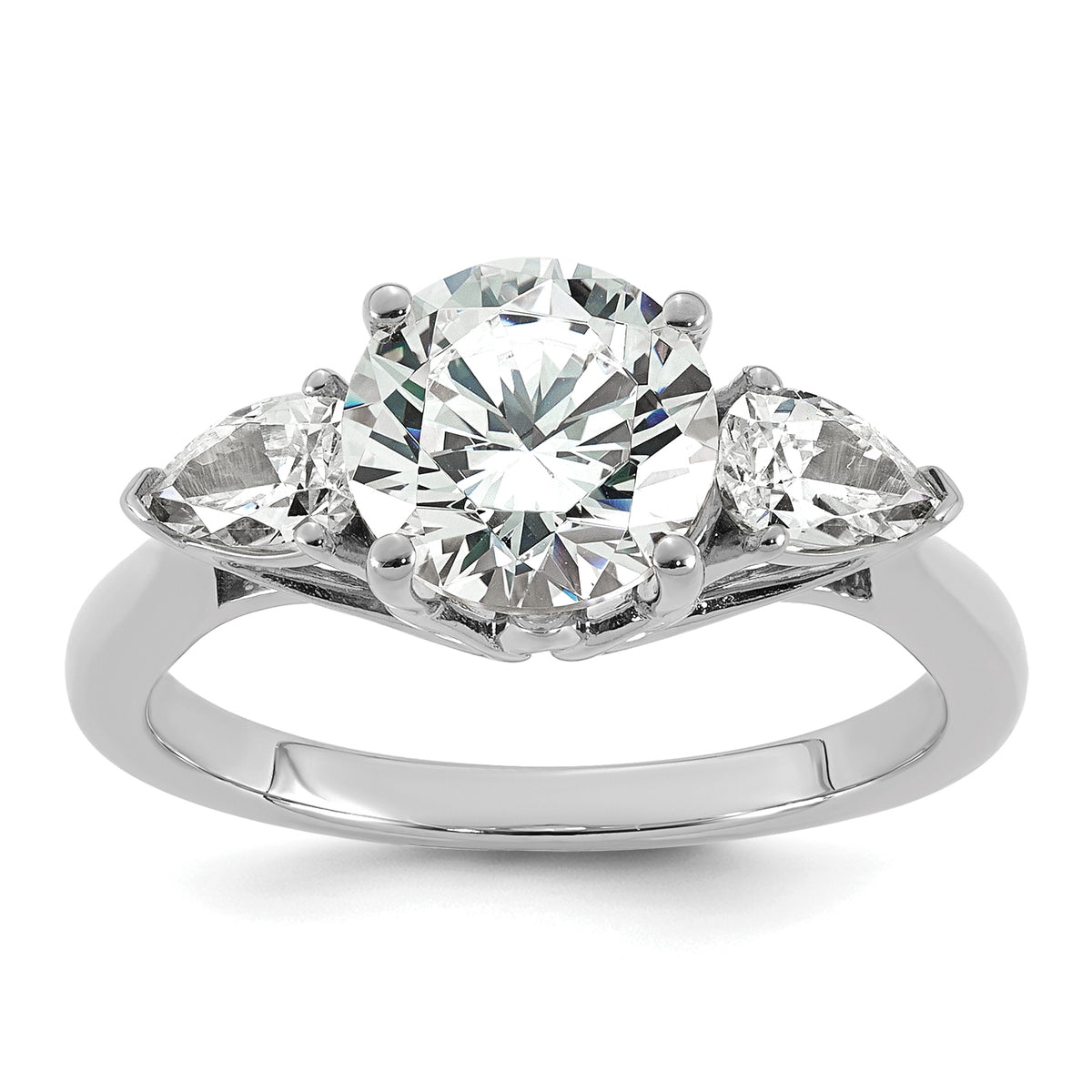 14k White Gold 2 1/2 carat Certified Lab Grown Diamond VS+ F+ Round with Pear Sidestones Complete Three Stone Engagement Ring