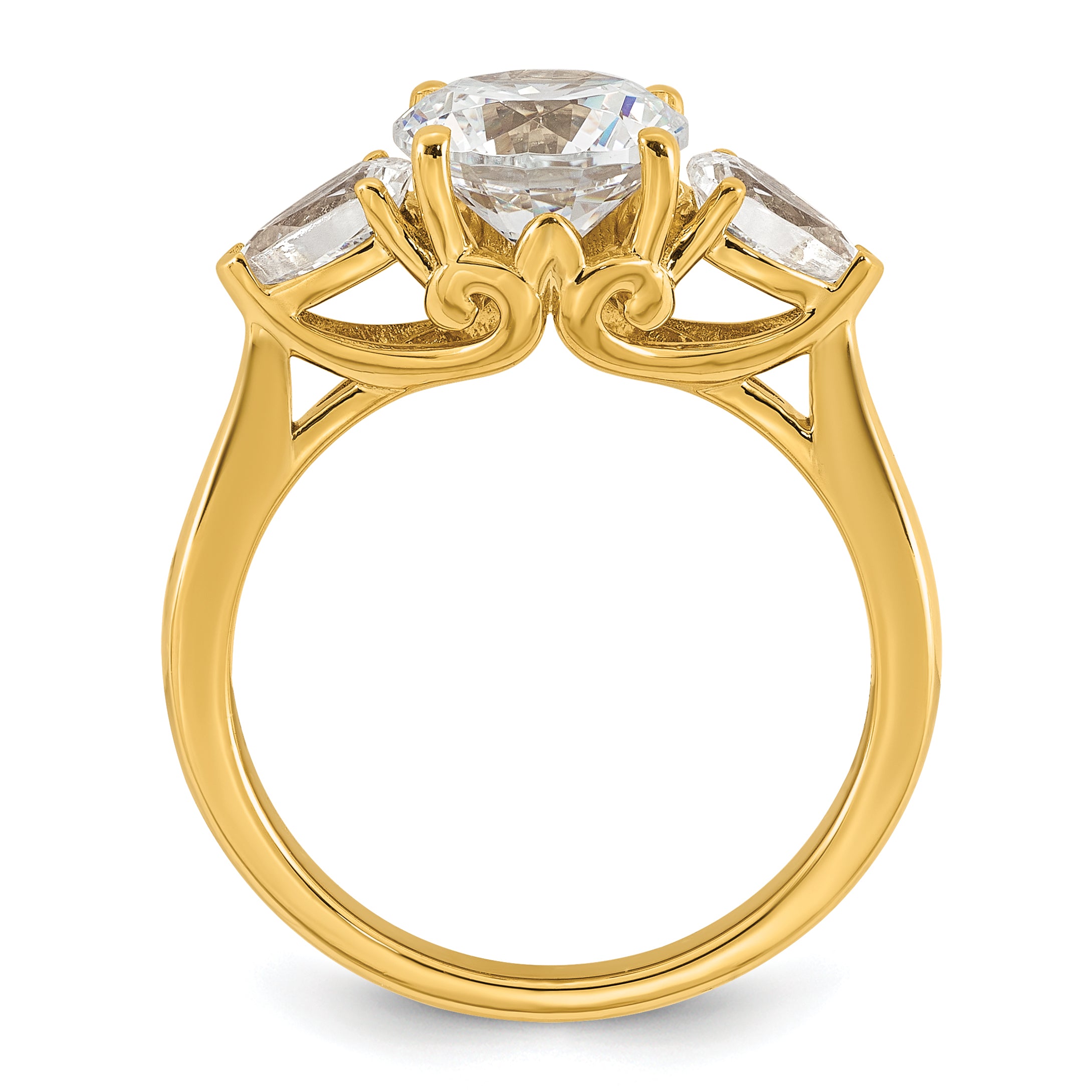 14k 2 1/2 carat Certified Lab Grown Diamond VS+ F+ Round with Pear Sidestones Complete Three Stone Engagement Ring