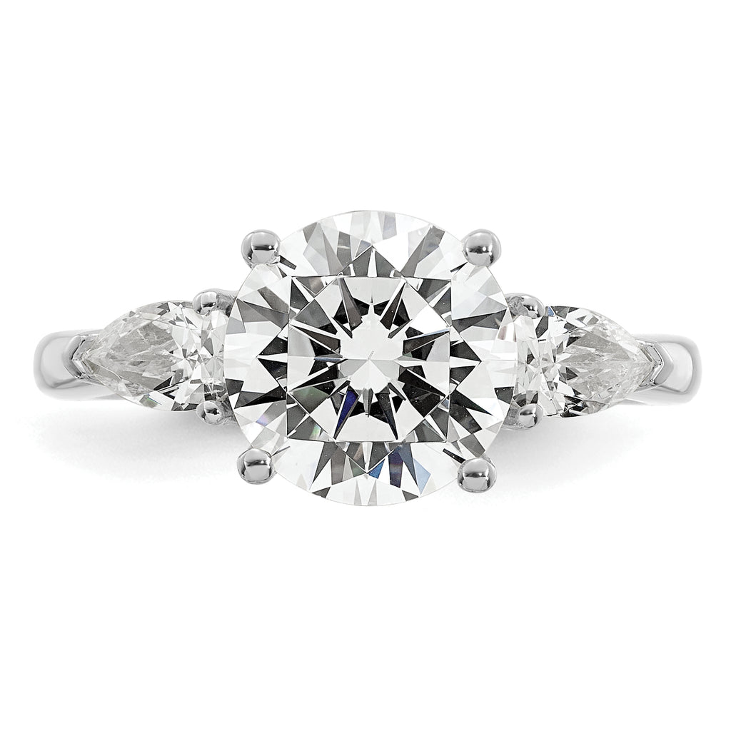 14k White Gold 3 carat Lab Grown Diamond VS+ F+ Round with Pear Sidestones Complete Three Stone Engagement Ring