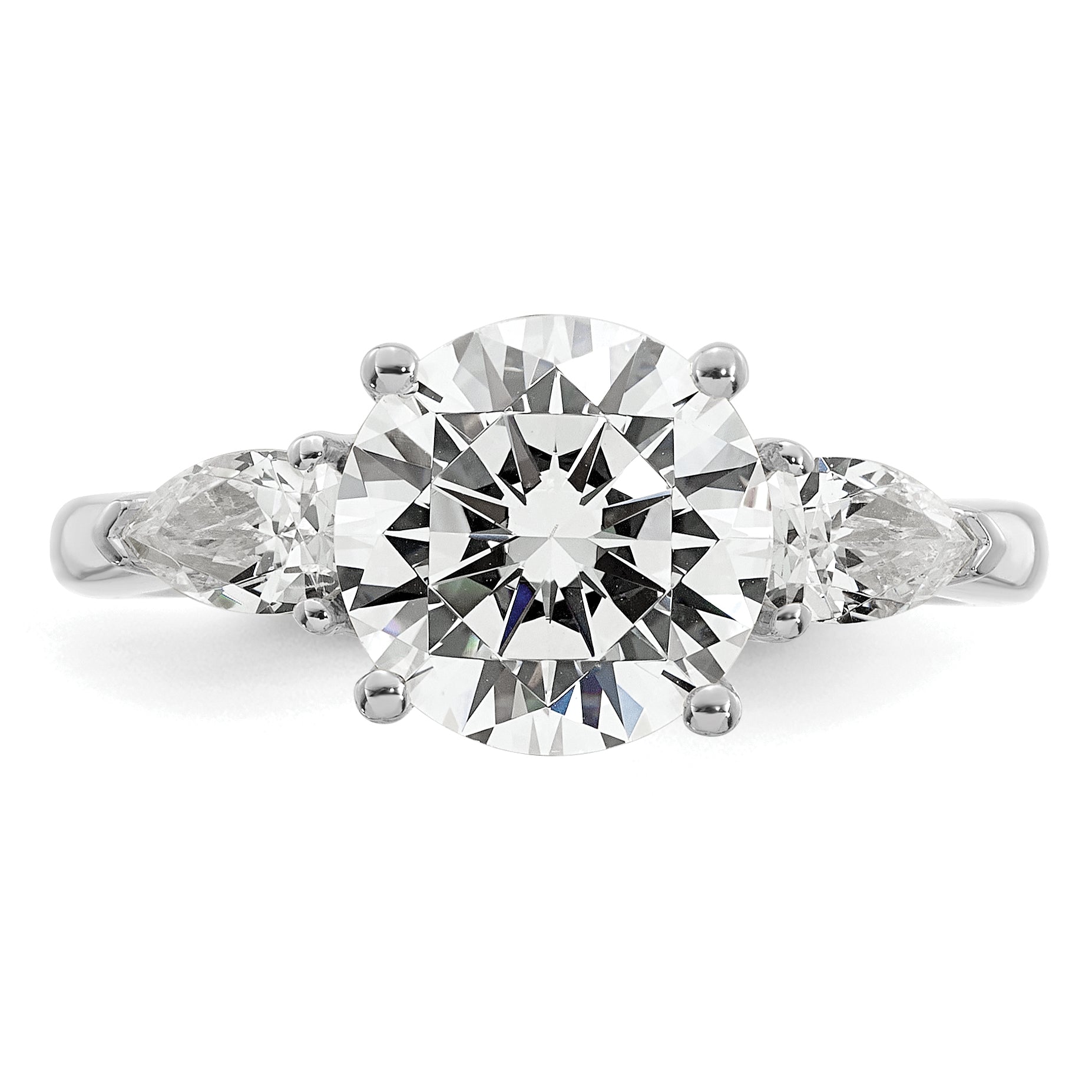 14k White Gold 3 carat Lab Grown Diamond VS+ F+ Round with Pear Sidestones Complete Three Stone Engagement Ring