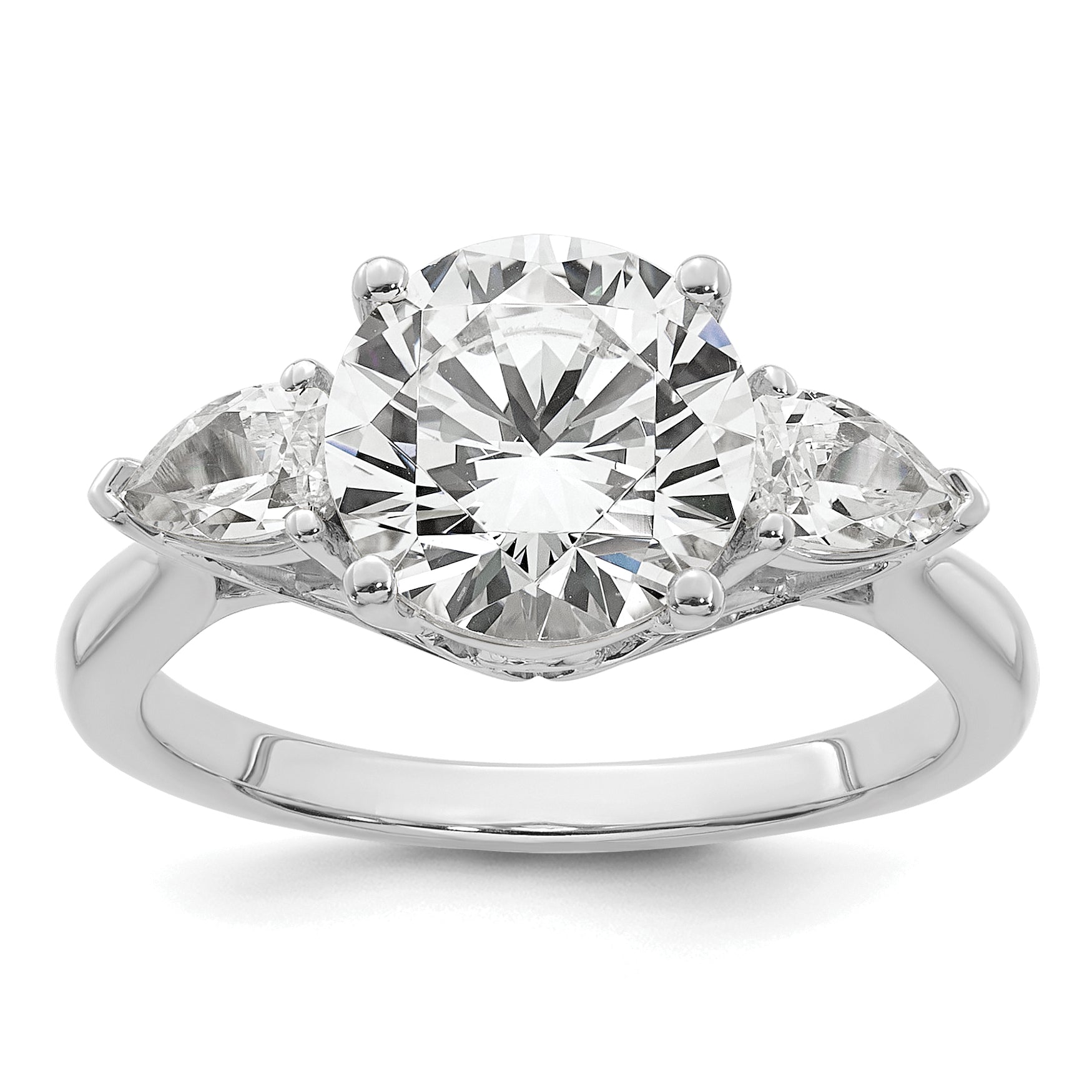 14k White Gold 3 carat Lab Grown Diamond VS+ F+ Round with Pear Sidestones Complete Three Stone Engagement Ring