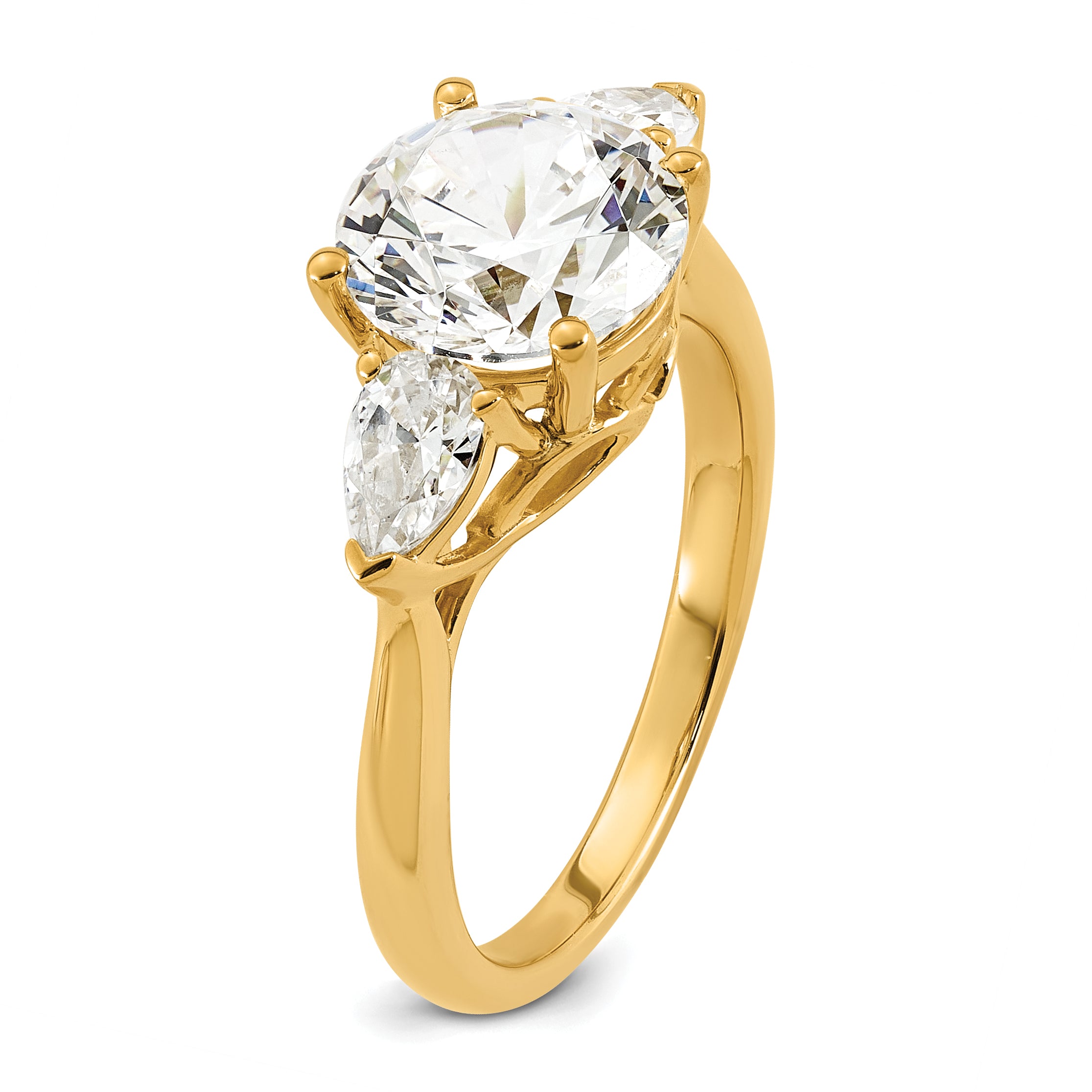 14k 3 carat Lab Grown Diamond VS+ F+ Round with Pear Sidestones Complete Three Stone Engagement Ring